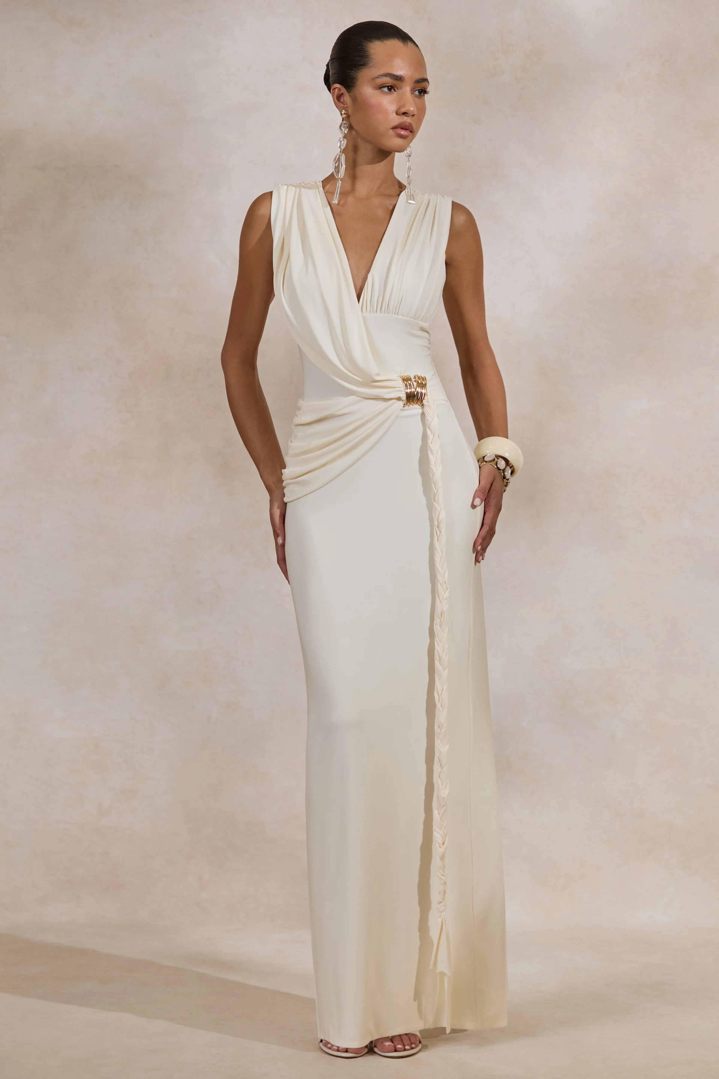 Nalina | Cream Plunge-Neck Maxi Dress With Gathered Detailing And Gold Detail - Image 6