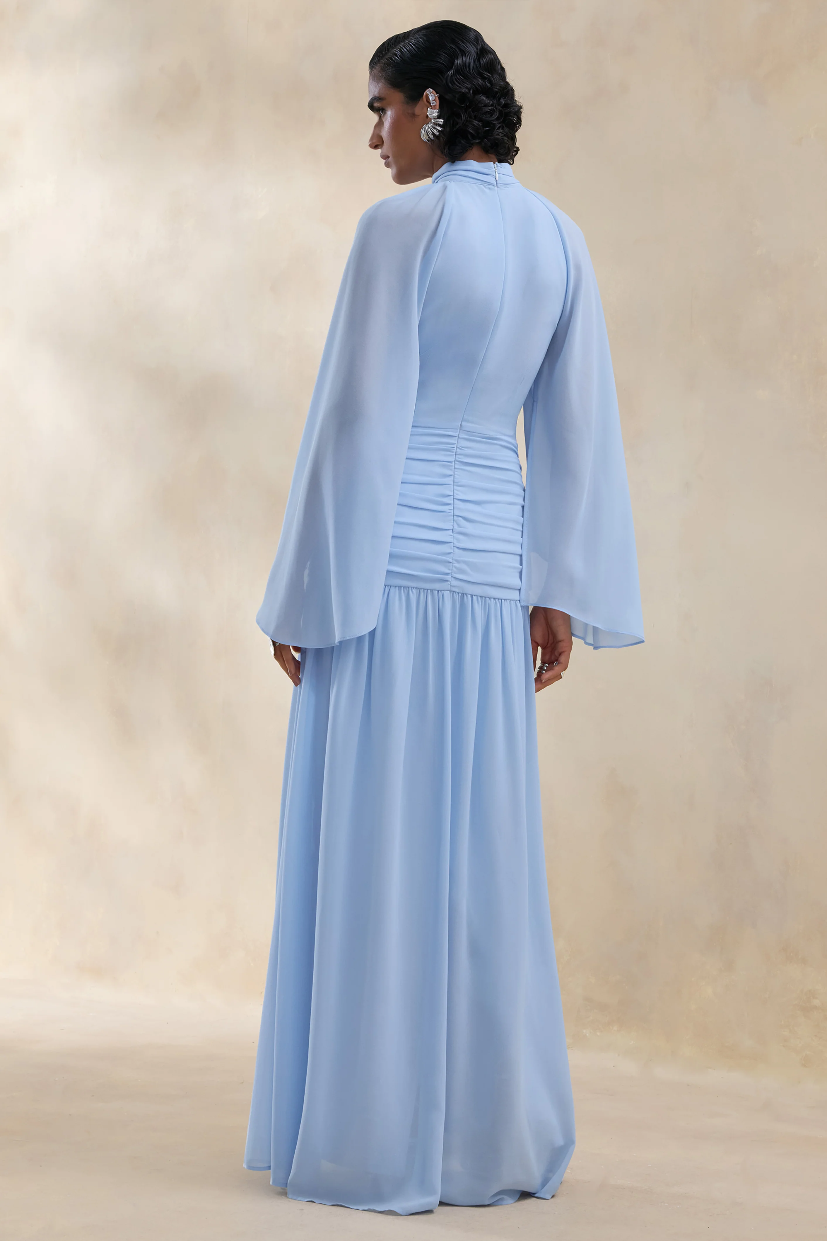 Narella | Blue Chiffon High-Neck Maxi Dress With Draped-Detailing - Image 2