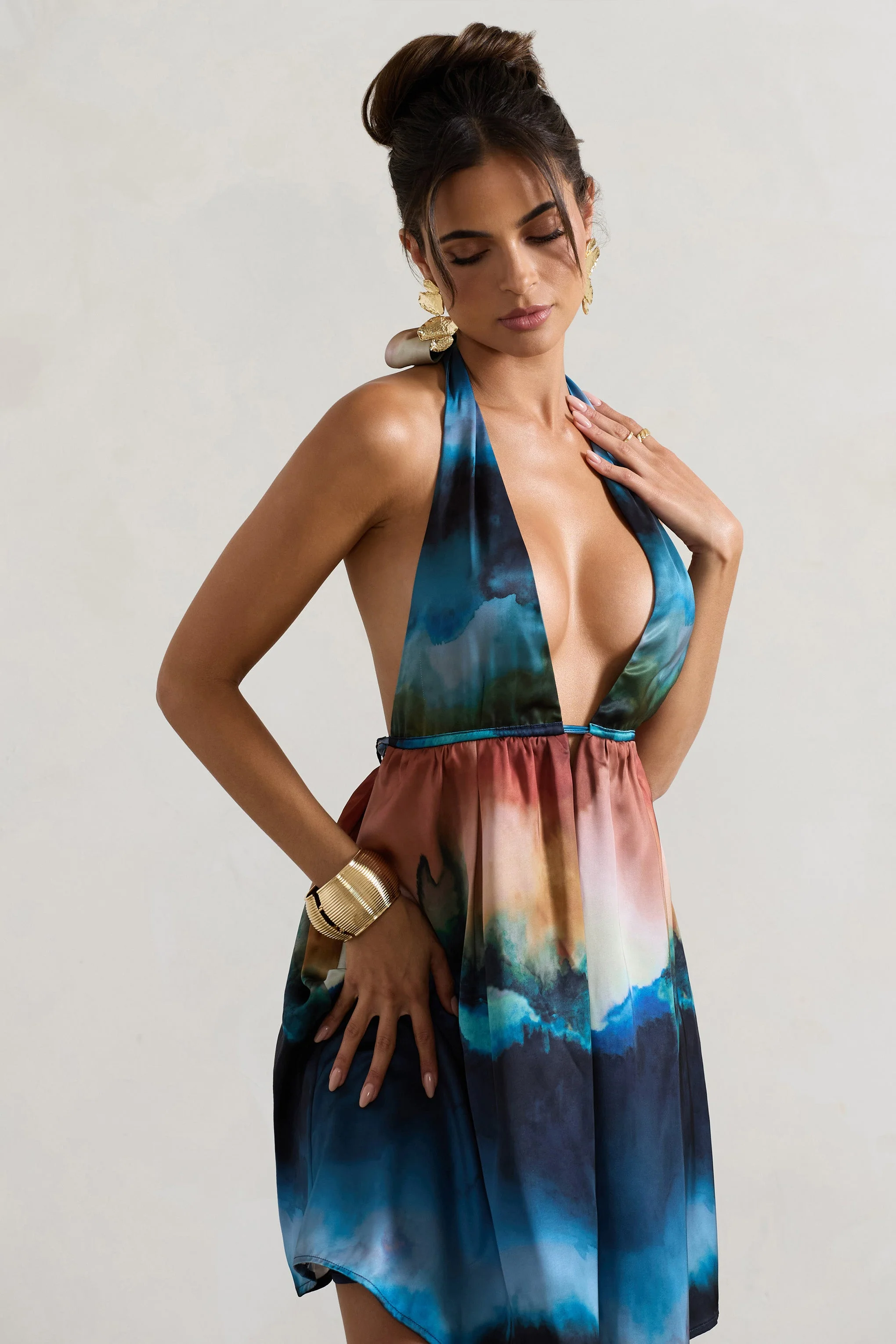 Naxos | Multi Blur Print Plunge-Neck Babydoll Mini Dress - Image 6