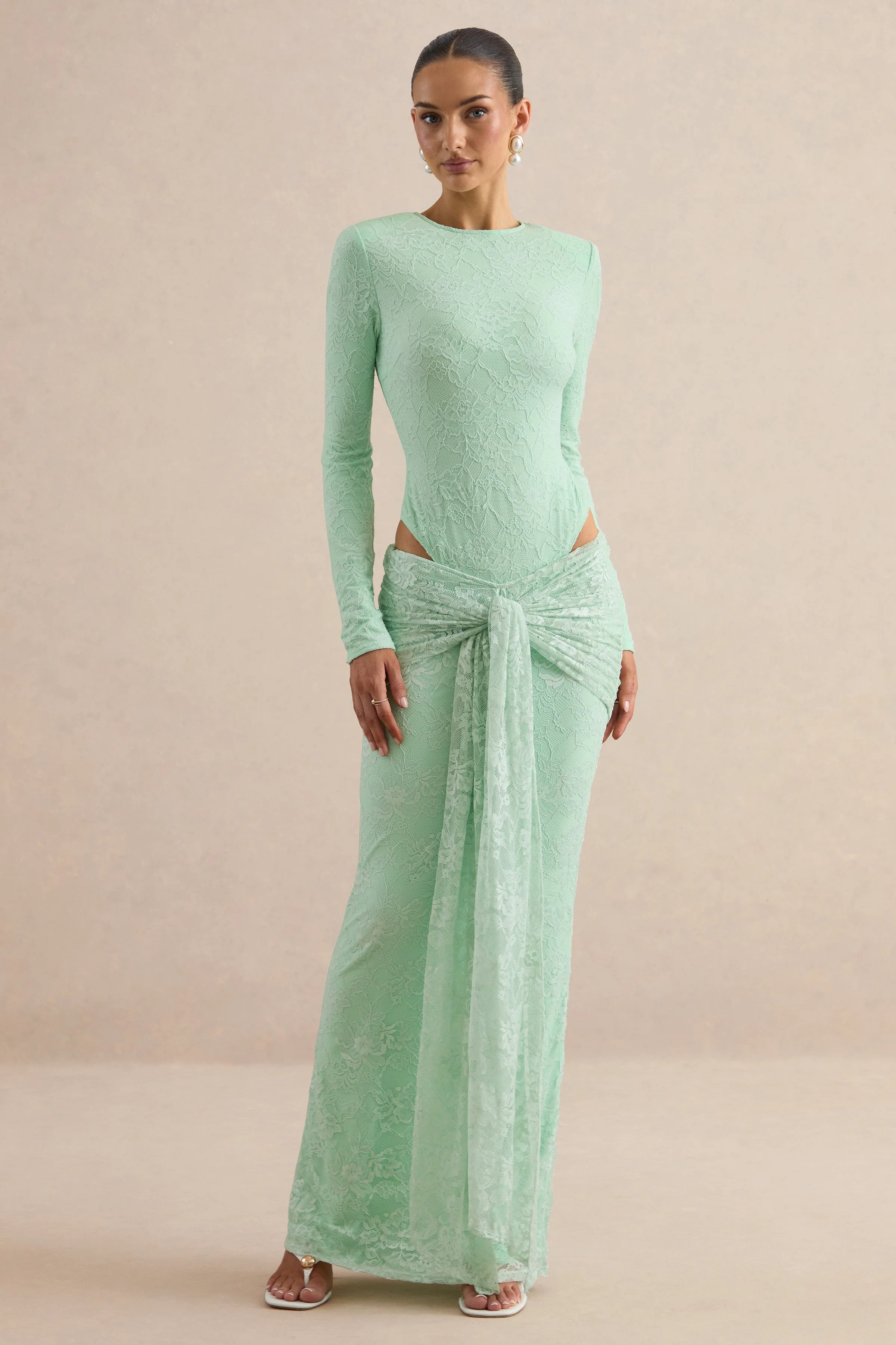 Neriva | Mint Lace Maxi Skirt With Gathered Detailing And Sash - Image 7