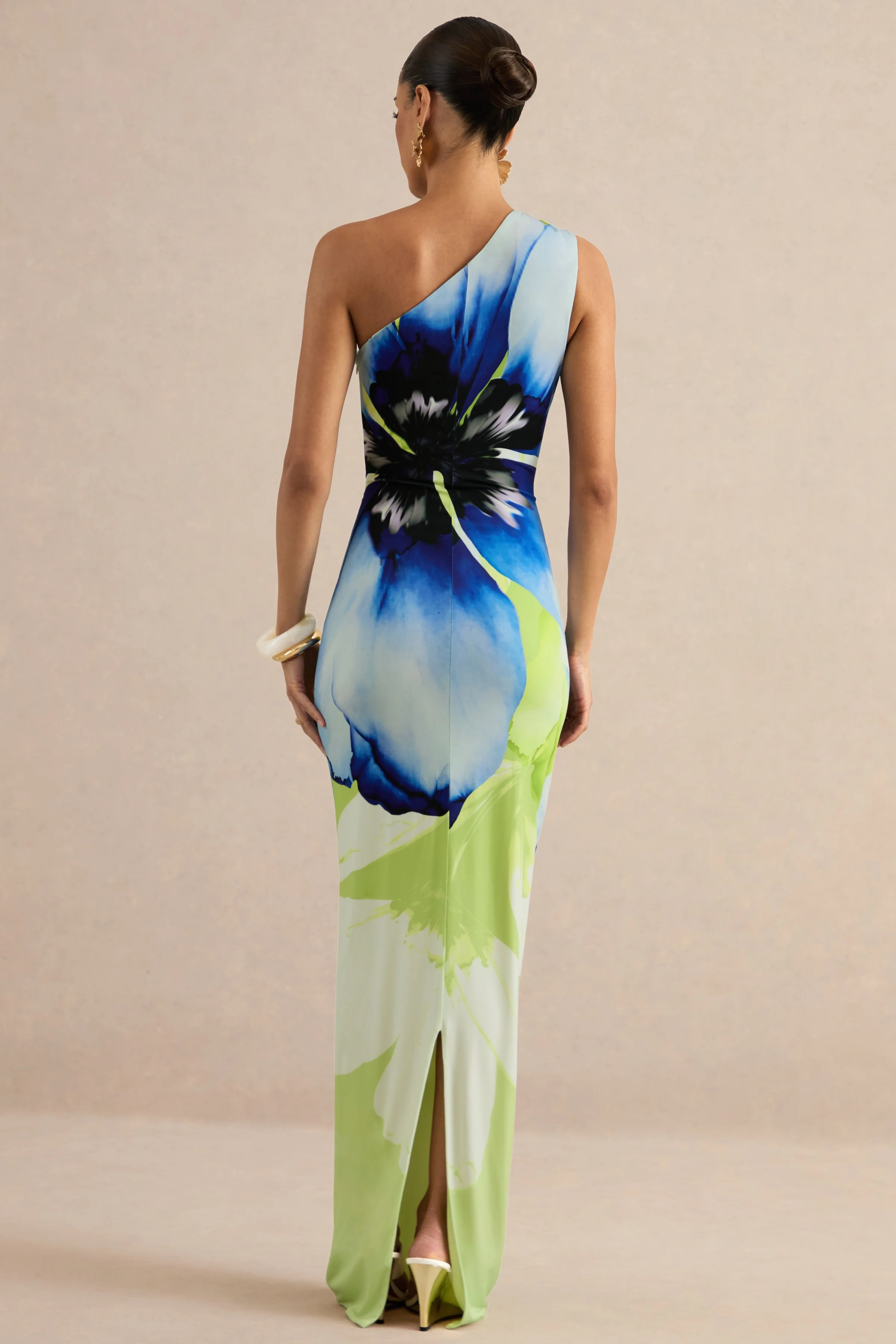 Niya | Lime And Blue Floral Placement Print Asymmetric-Neck Maxi Dress - Image 3