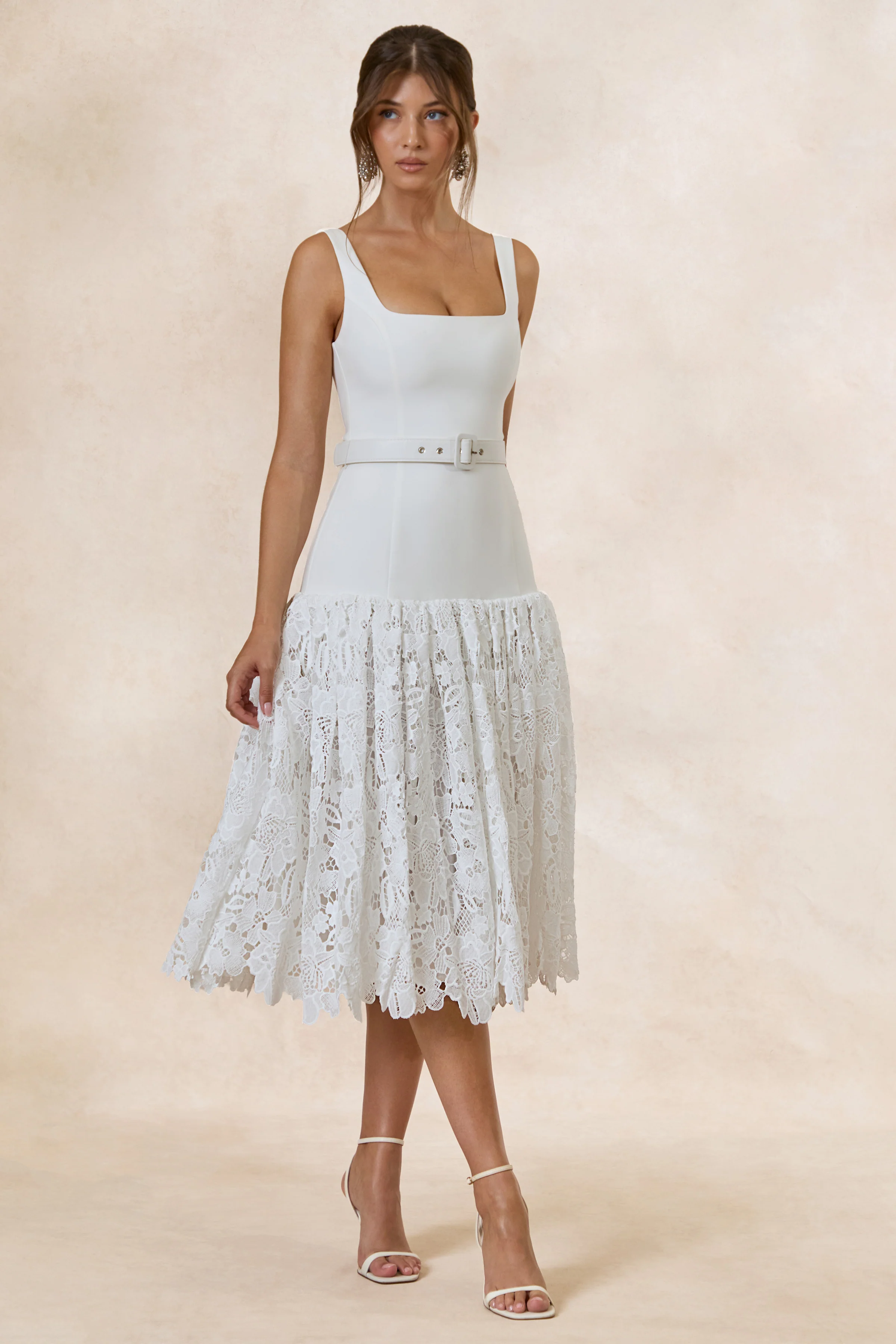 Norrie | White Lace Square-Neck Midi Dress With Voluminous Lace Skirt - Image 3