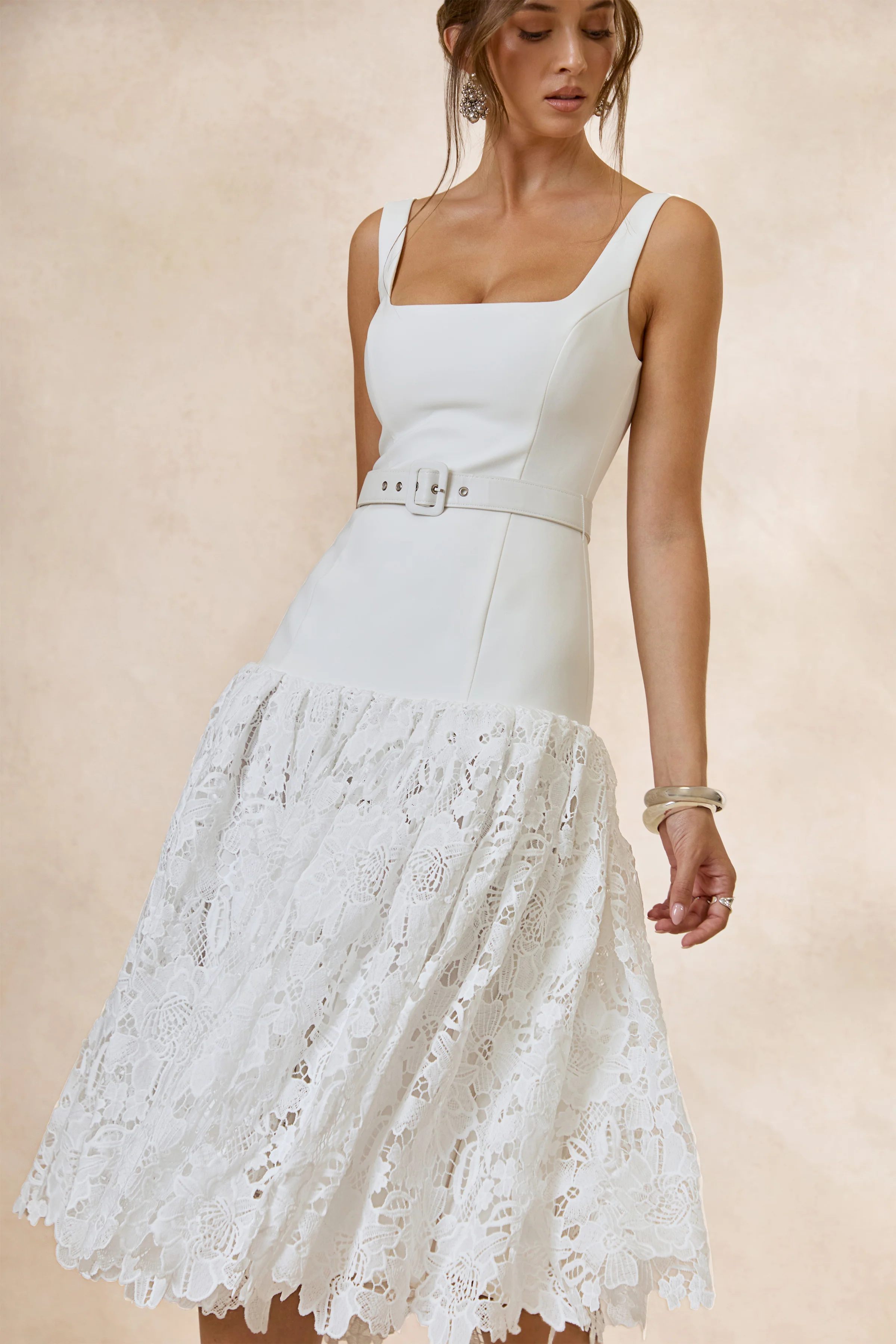 Norrie | White Lace Square-Neck Midi Dress With Voluminous Lace Skirt - Image 4
