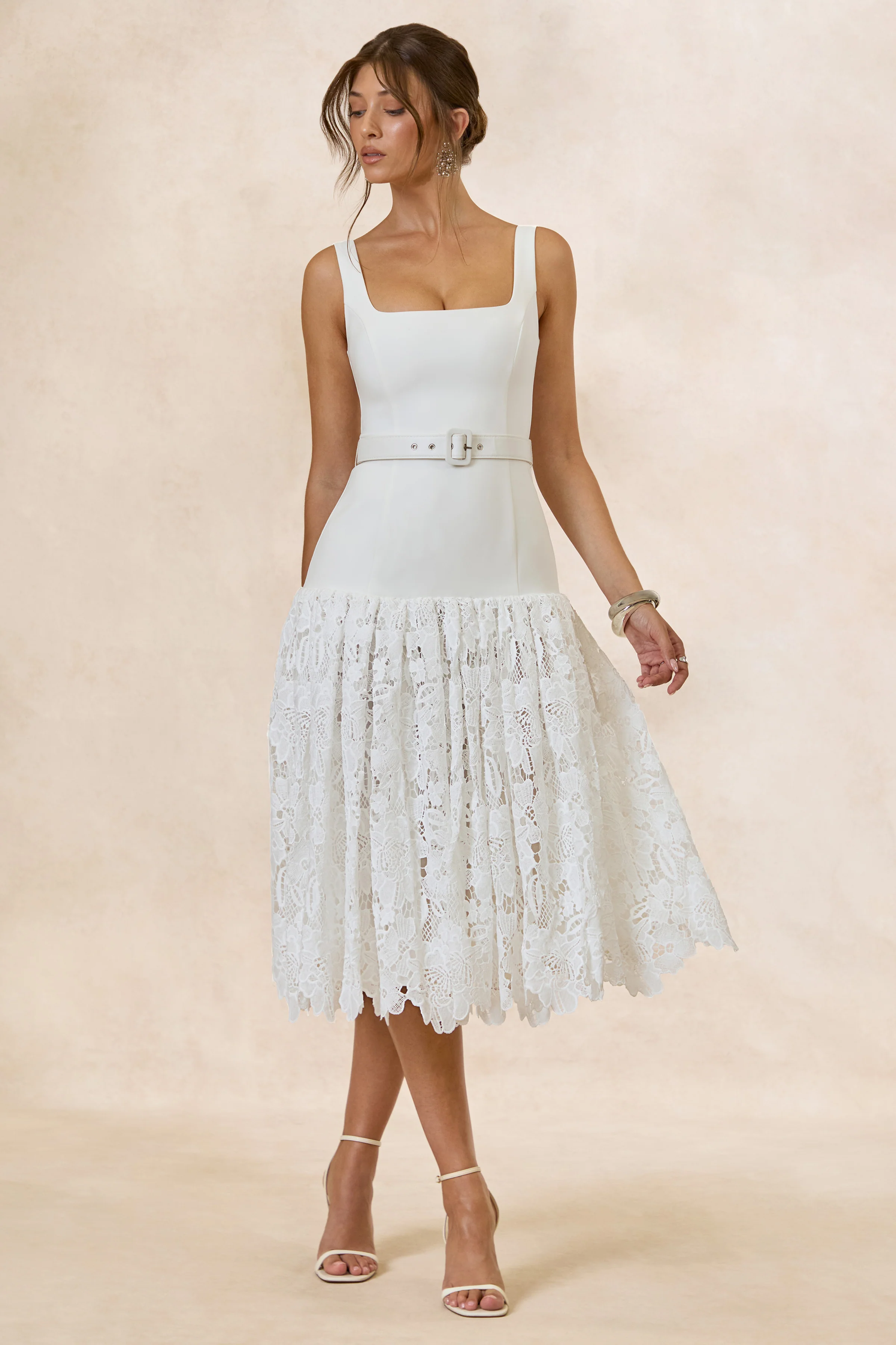 Norrie | White Lace Square-Neck Midi Dress With Voluminous Lace Skirt - Image 6