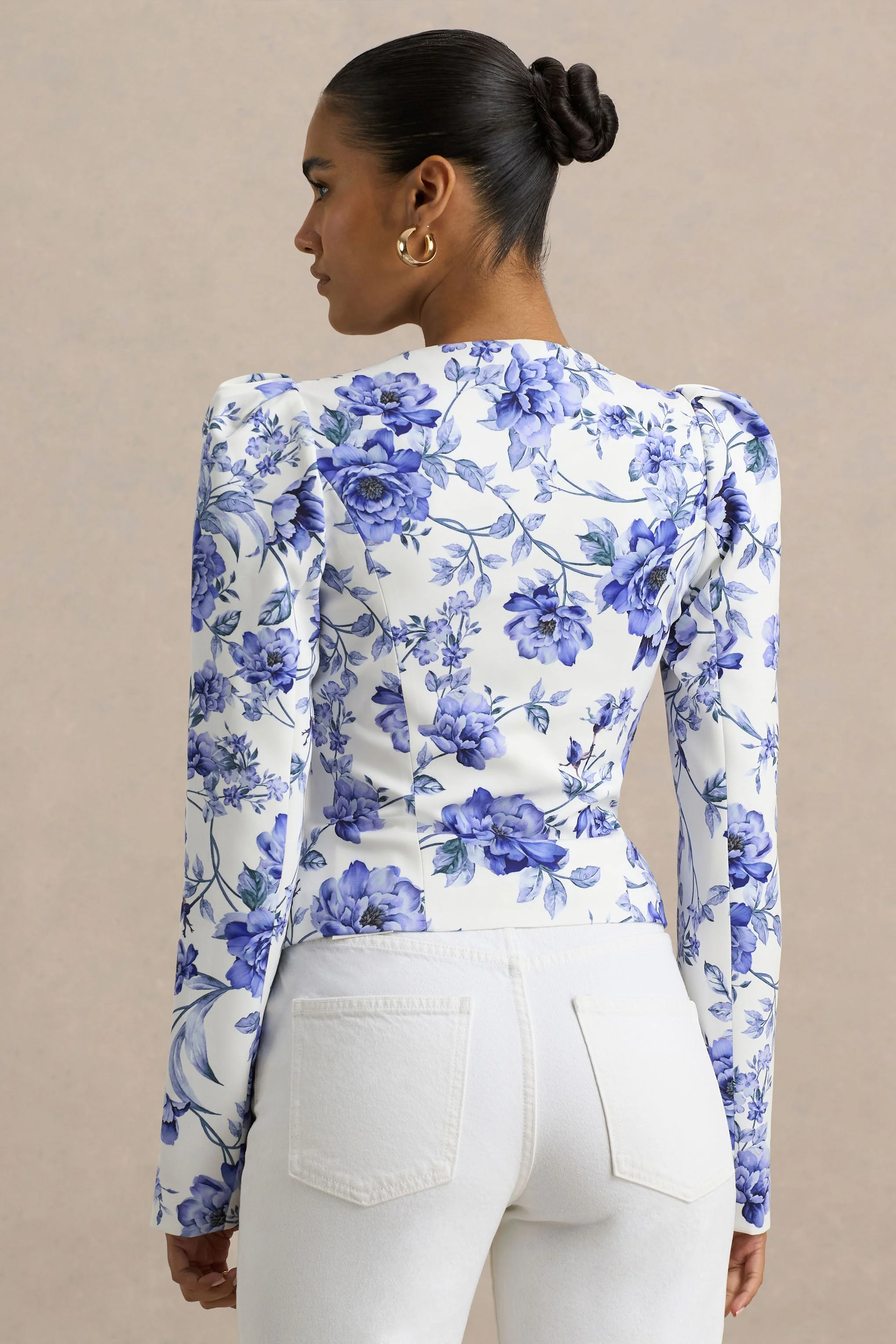Olympia | Blue Floral Print Sweetheart-Neck Tailored Top - Image 3