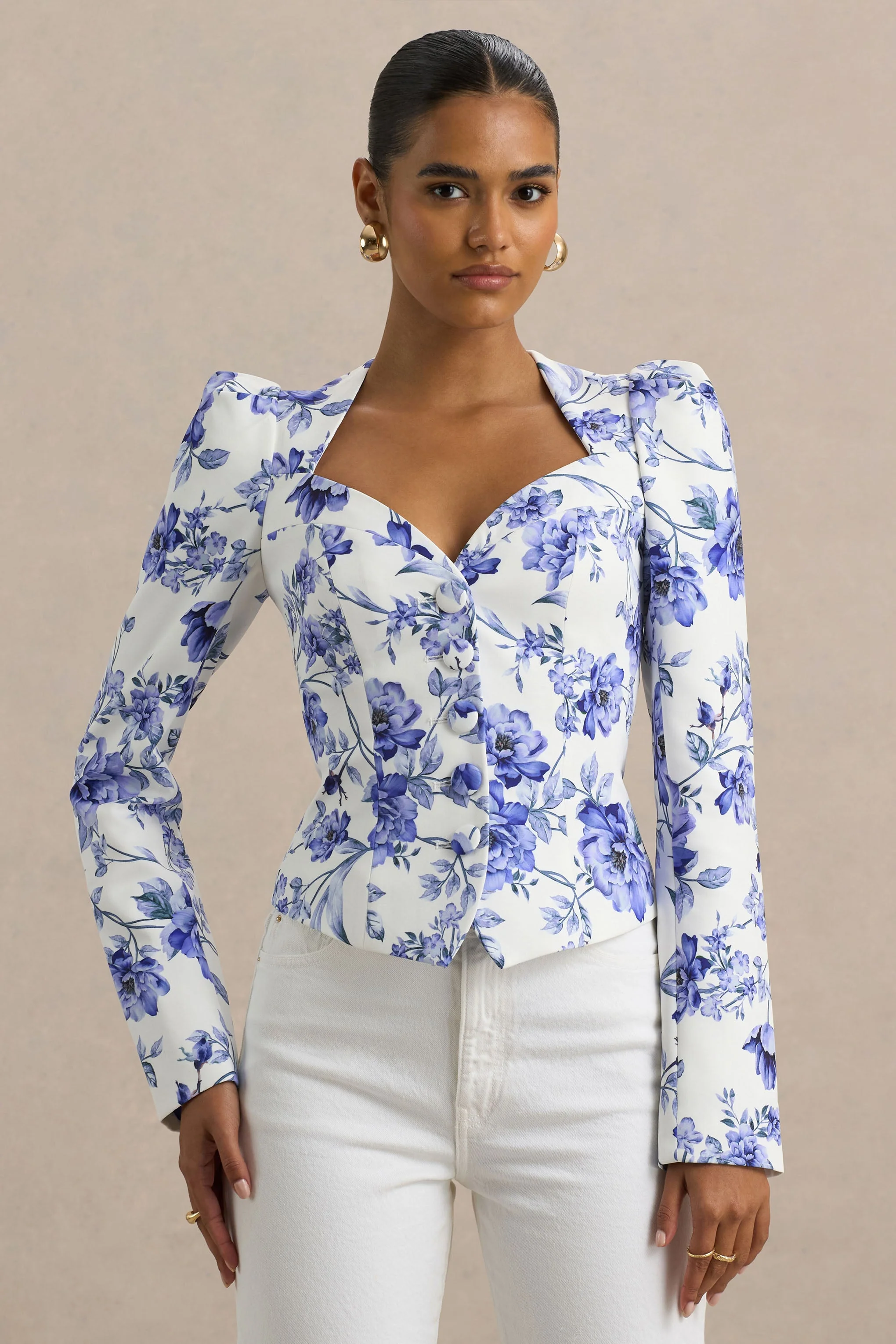 Olympia | Blue Floral Print Sweetheart-Neck Tailored Top - Image 4
