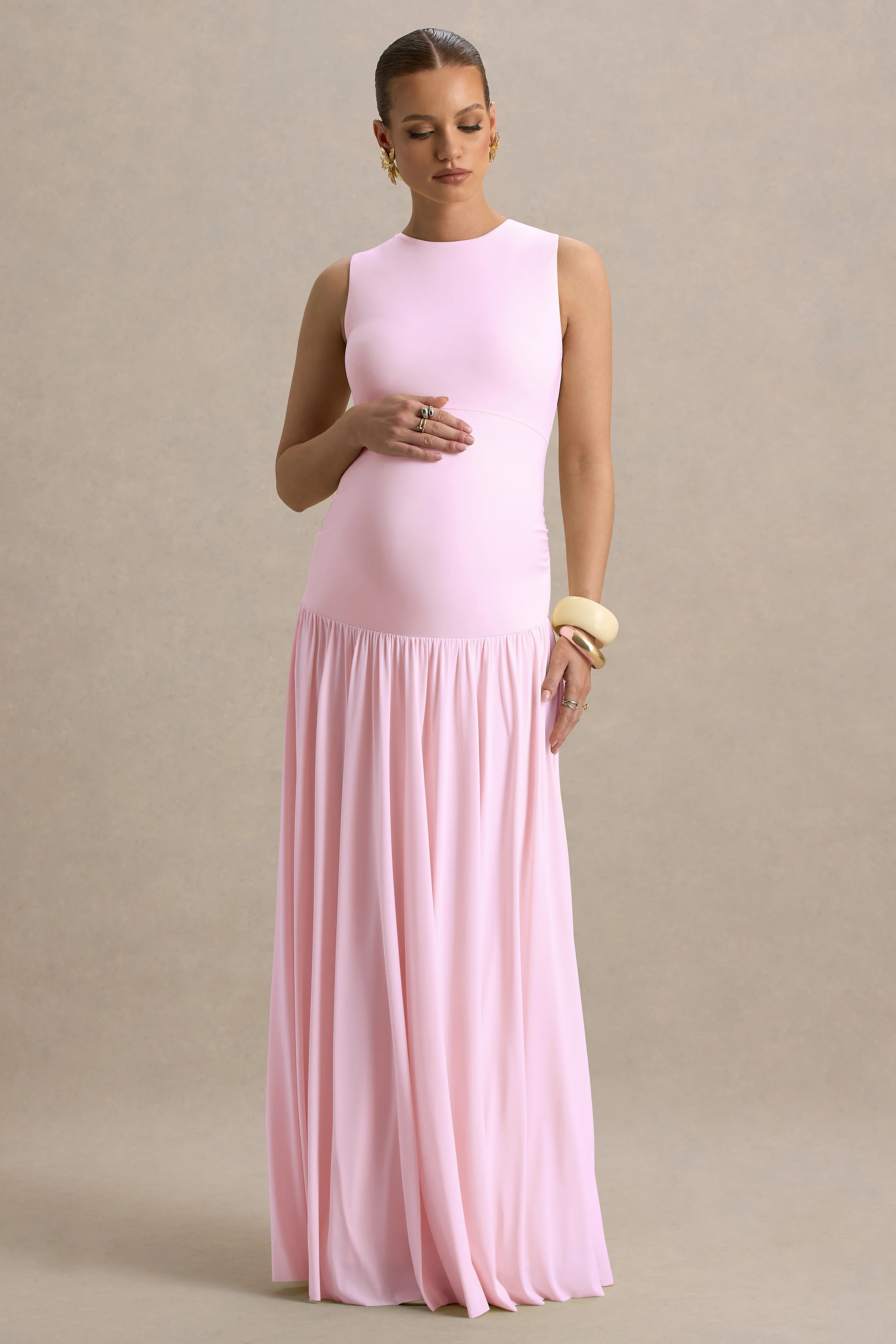 Outline | Light Pink Crew-Neck Maternity Maxi Dress With Pleated Skirt - Image 5