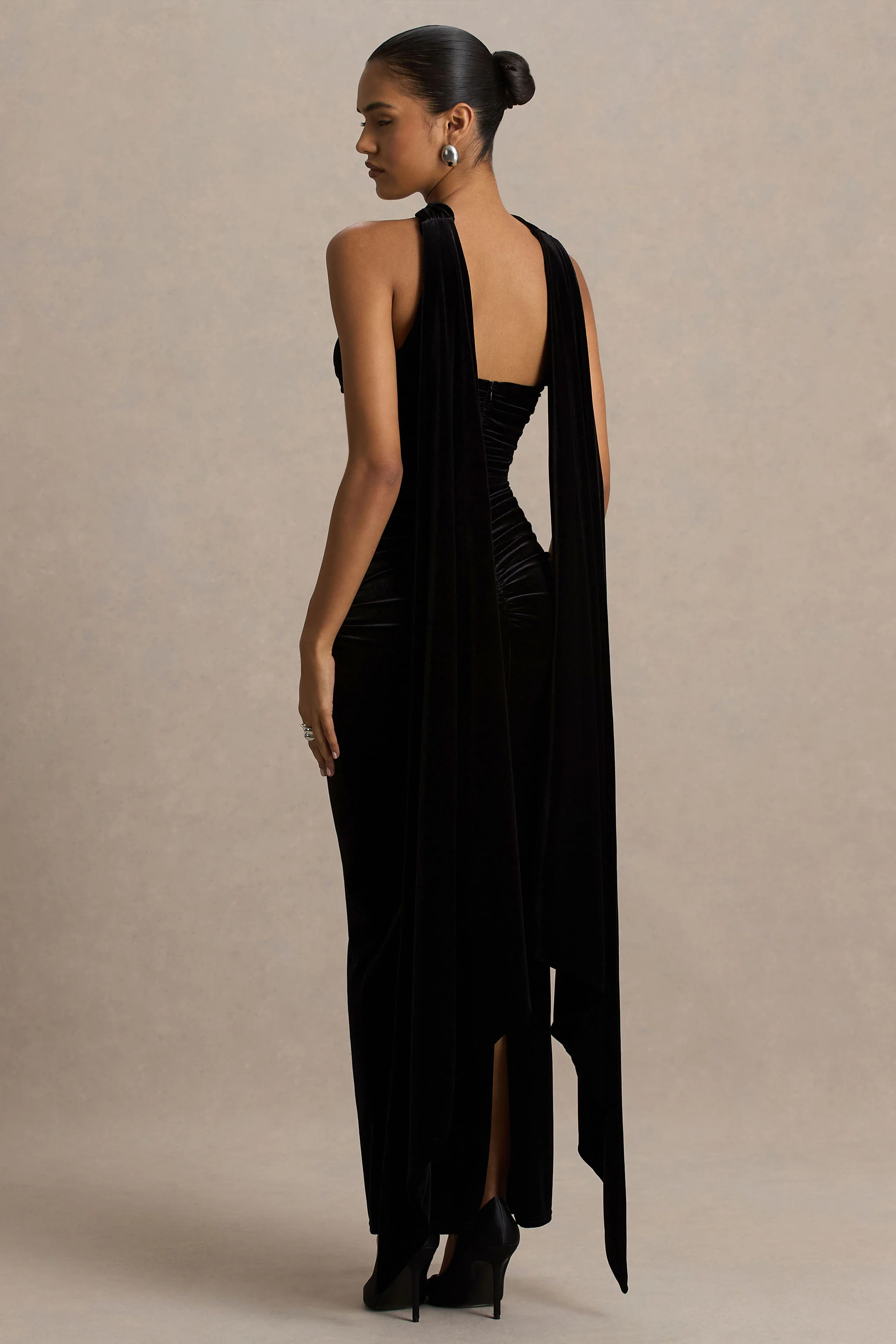 Paloma | Black Velvet Bandeau Maxi Dress With Scarf - Image 2
