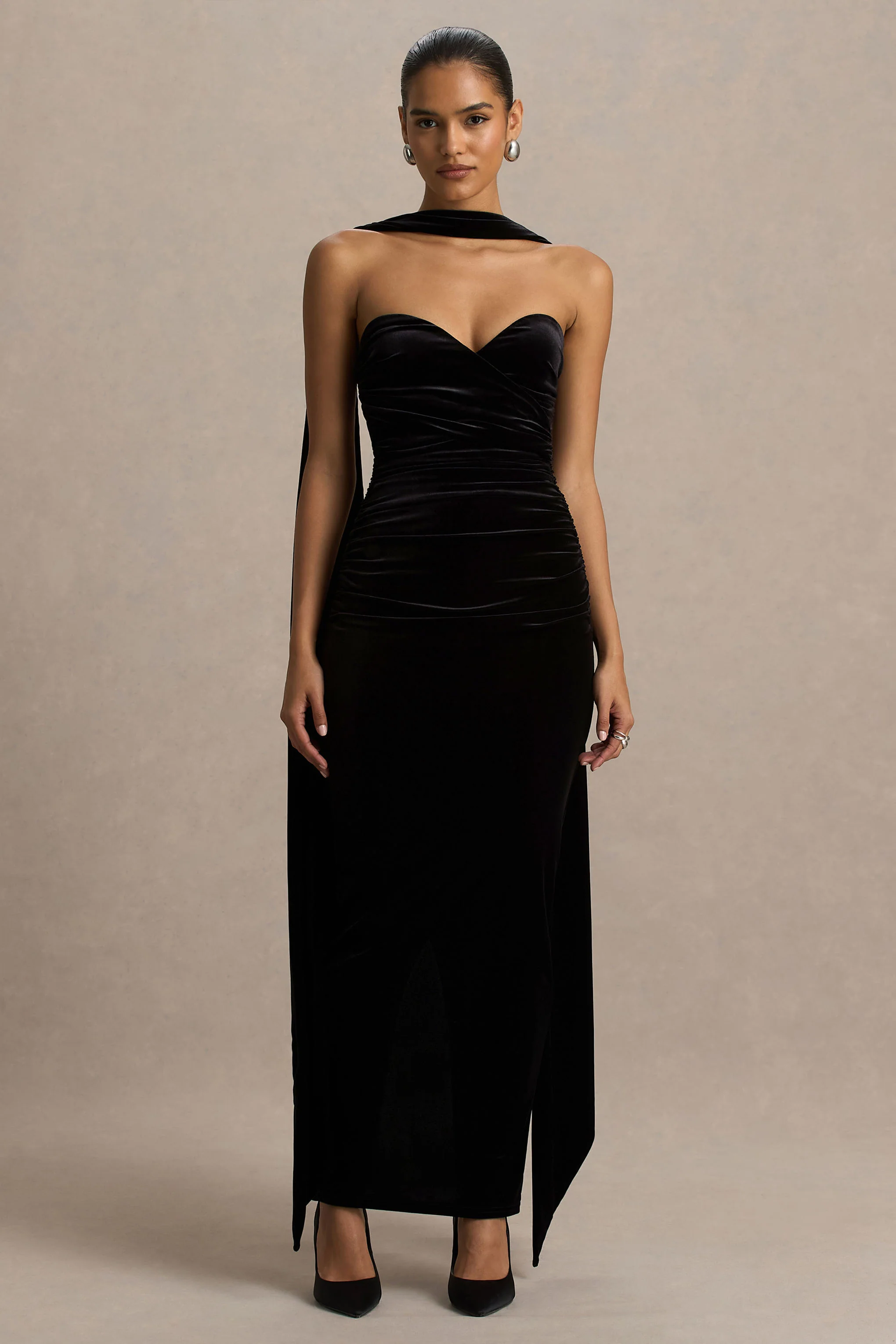 Paloma | Black Velvet Bandeau Maxi Dress With Scarf - Image 5
