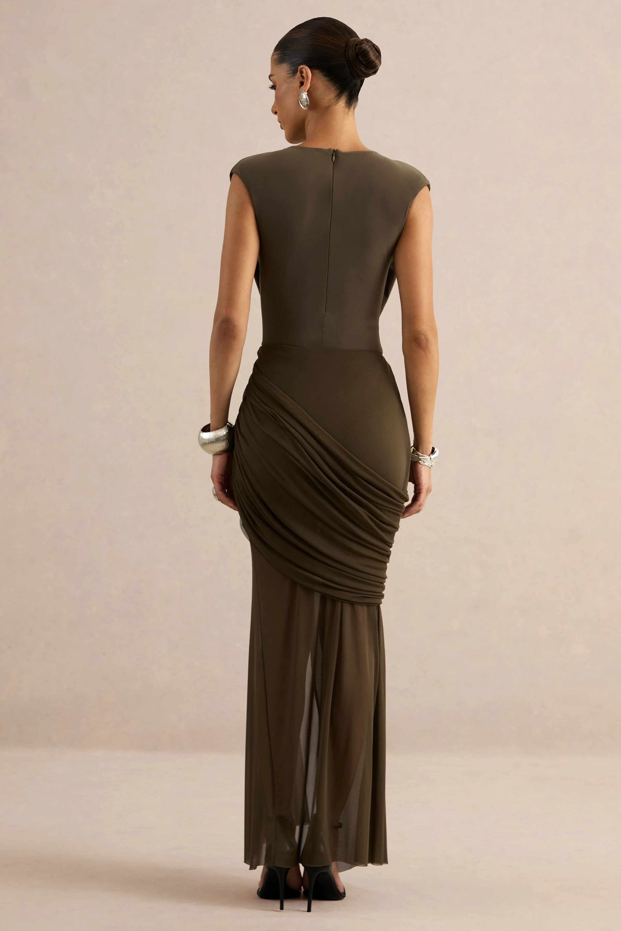 Persephone | Khaki Mesh Wrapped Maxi Skirt With Split - Image 2