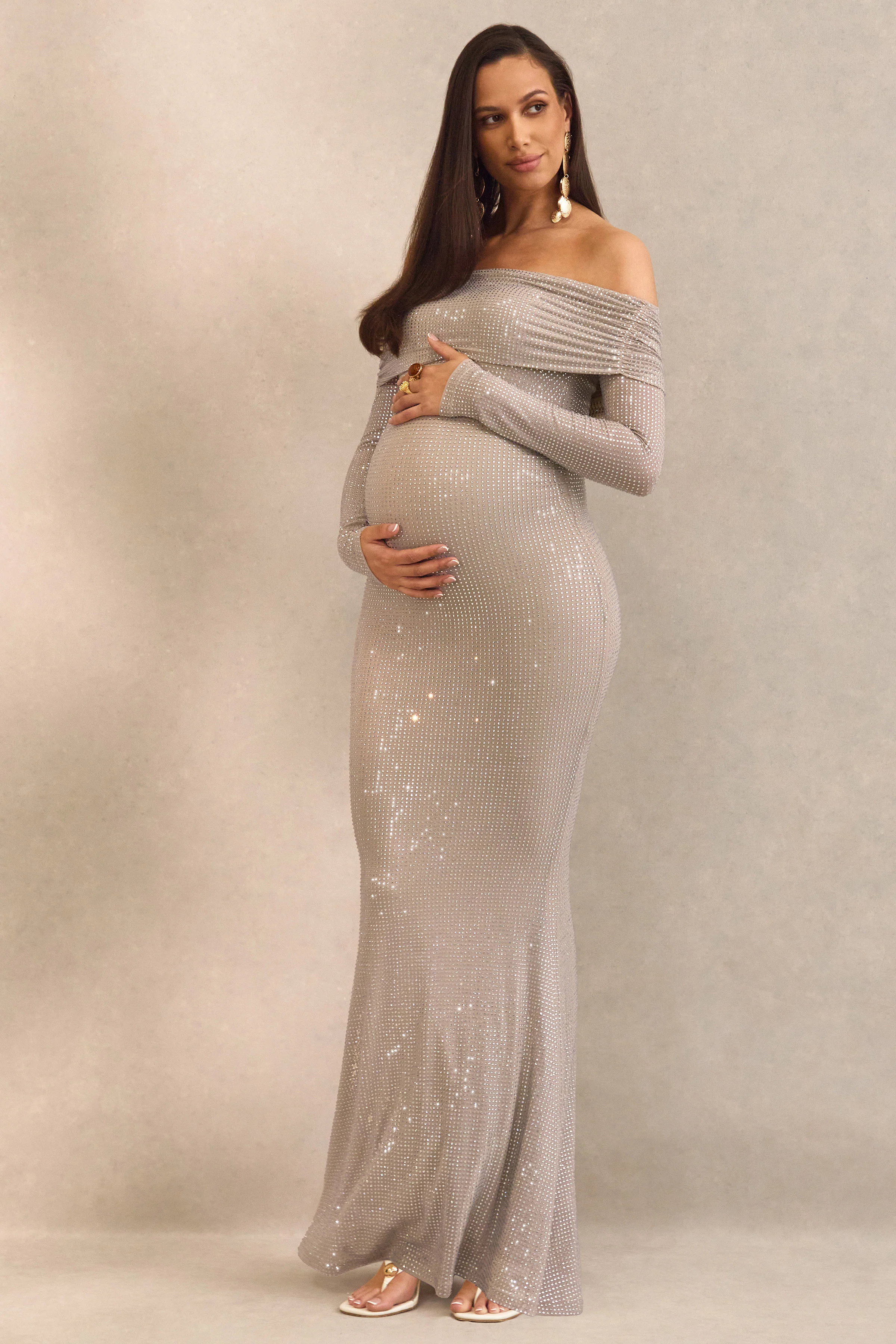 Pomeline | Champagne Hotfix Bardot-Neck Maternity Maxi Dress - Image 5
