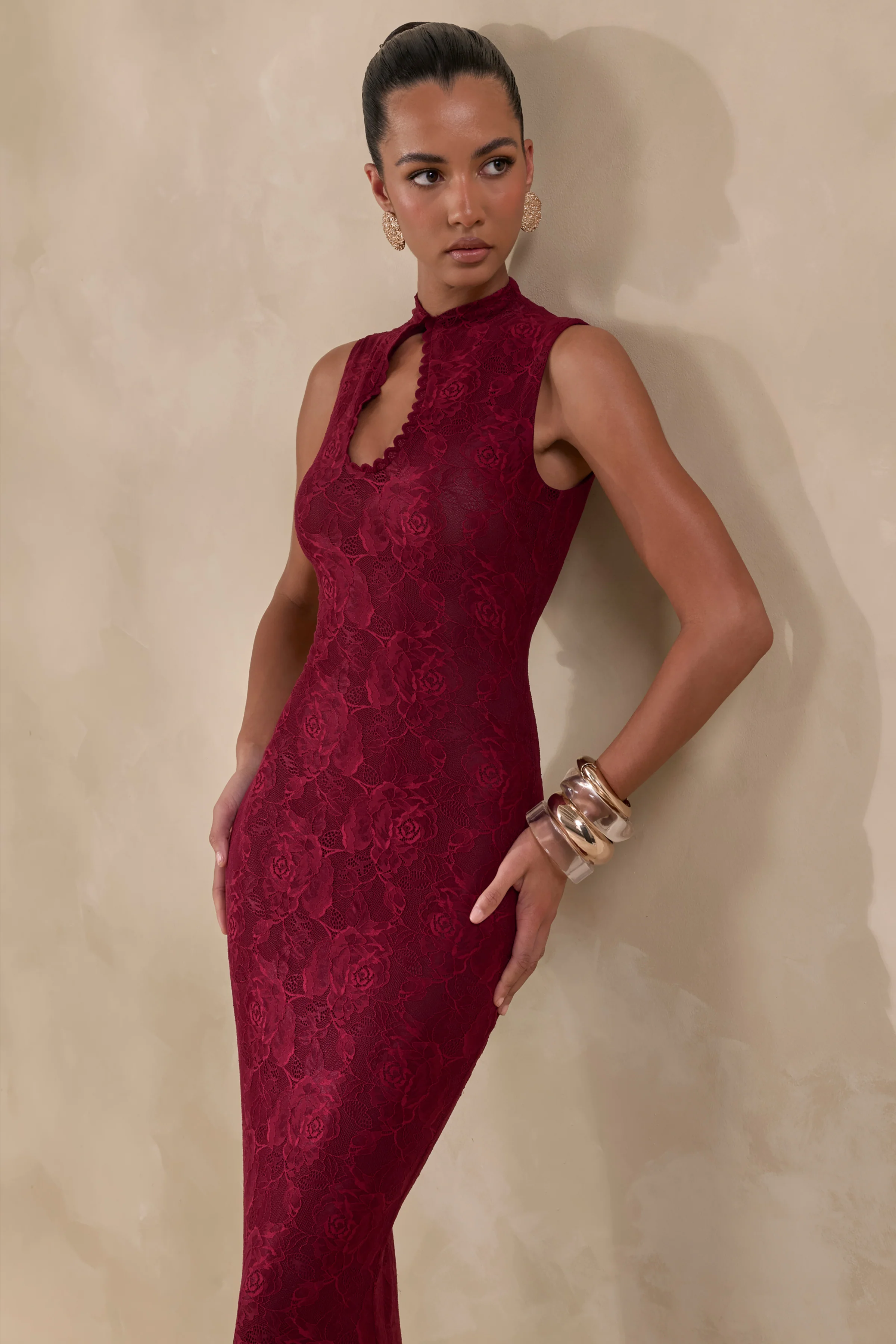 Ravissa | Burgundy Lace High-Neck Maxi Dress - Image 3