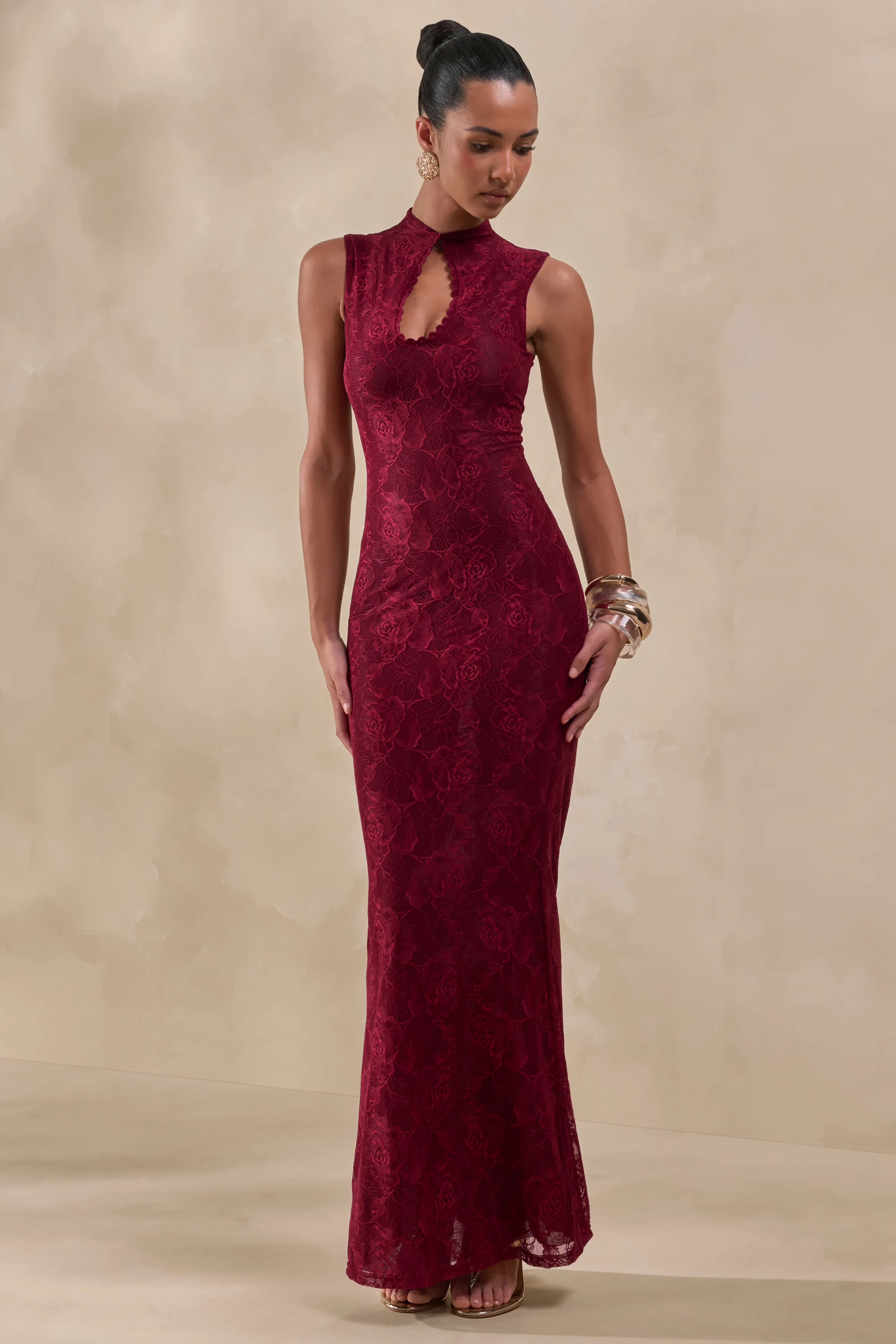 Ravissa | Burgundy Lace High-Neck Maxi Dress - Image 4