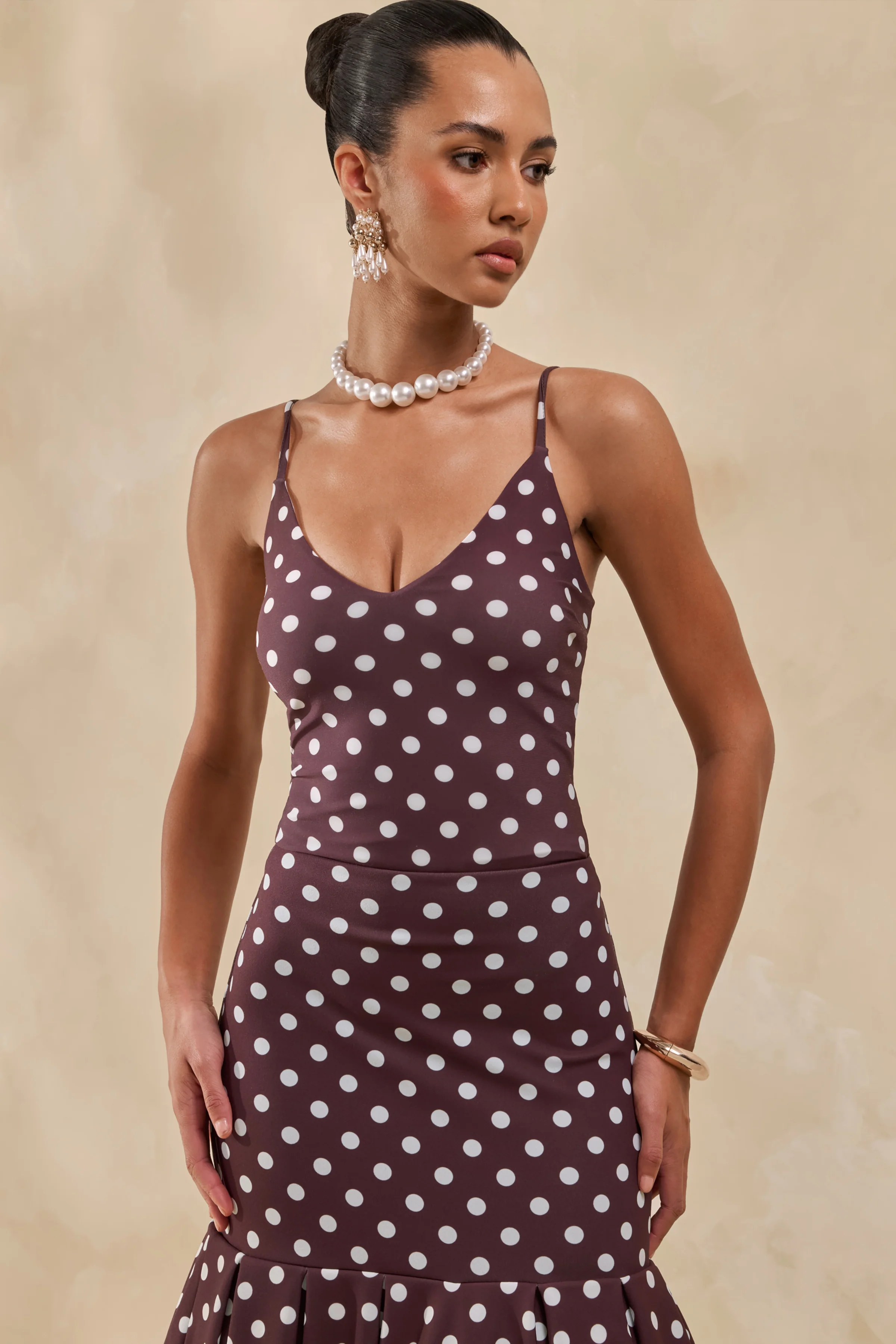 Rayna | Brown Polka-Dot V-Neck Thong Bodysuit