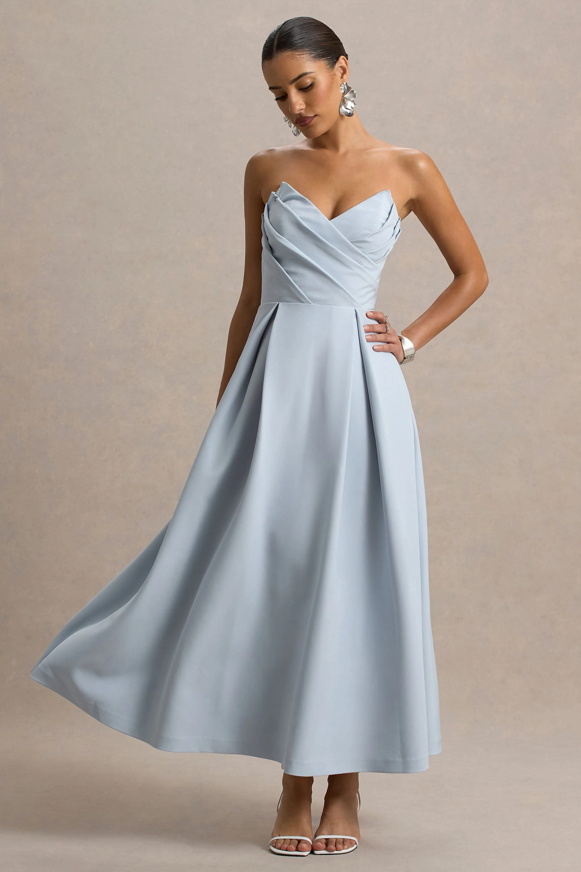Reigning Beauty | Powder Blue Sweetheart Midi Dress With Volume Hem - Image 5