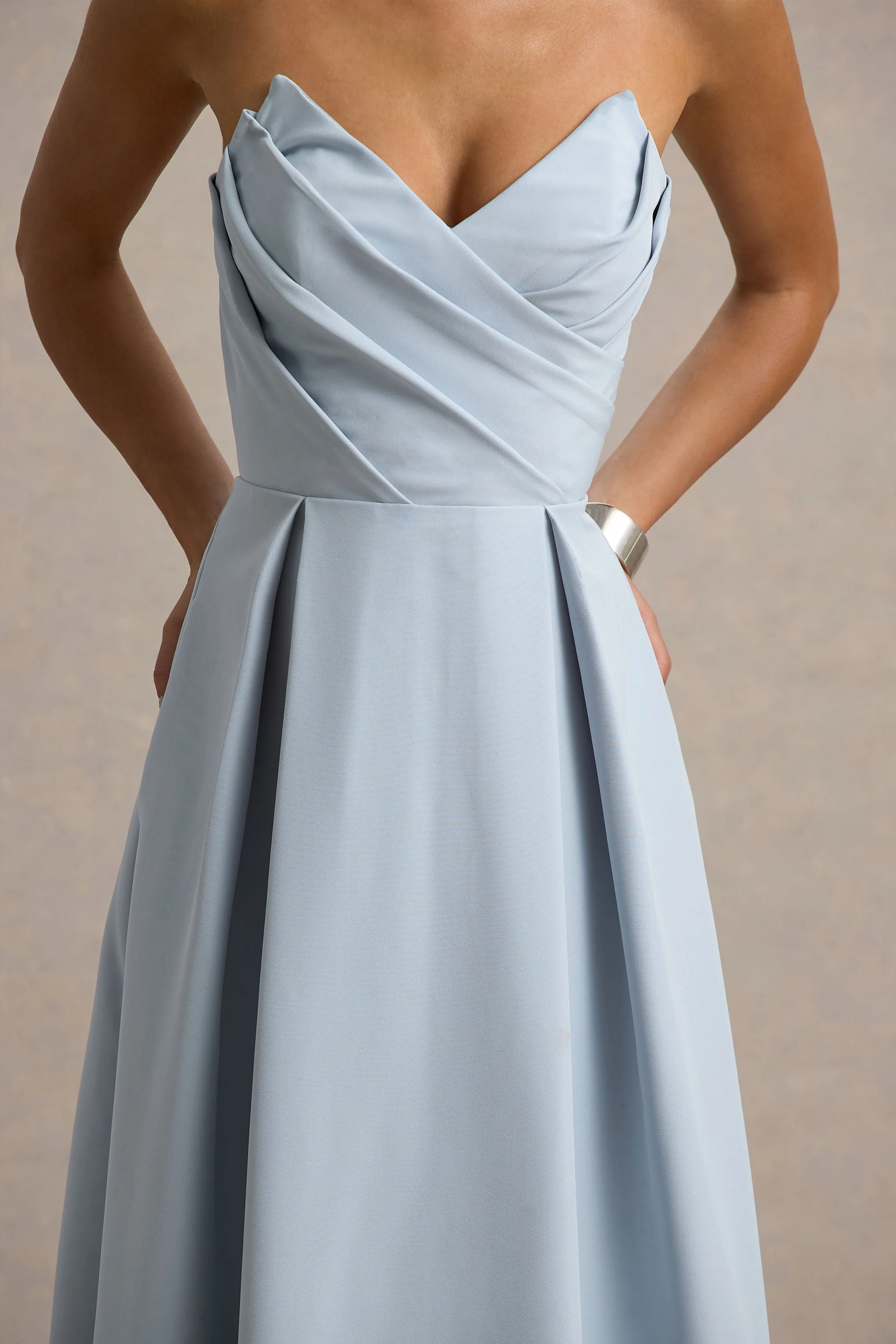 Reigning Beauty | Powder Blue Sweetheart Midi Dress With Volume Hem - Image 6
