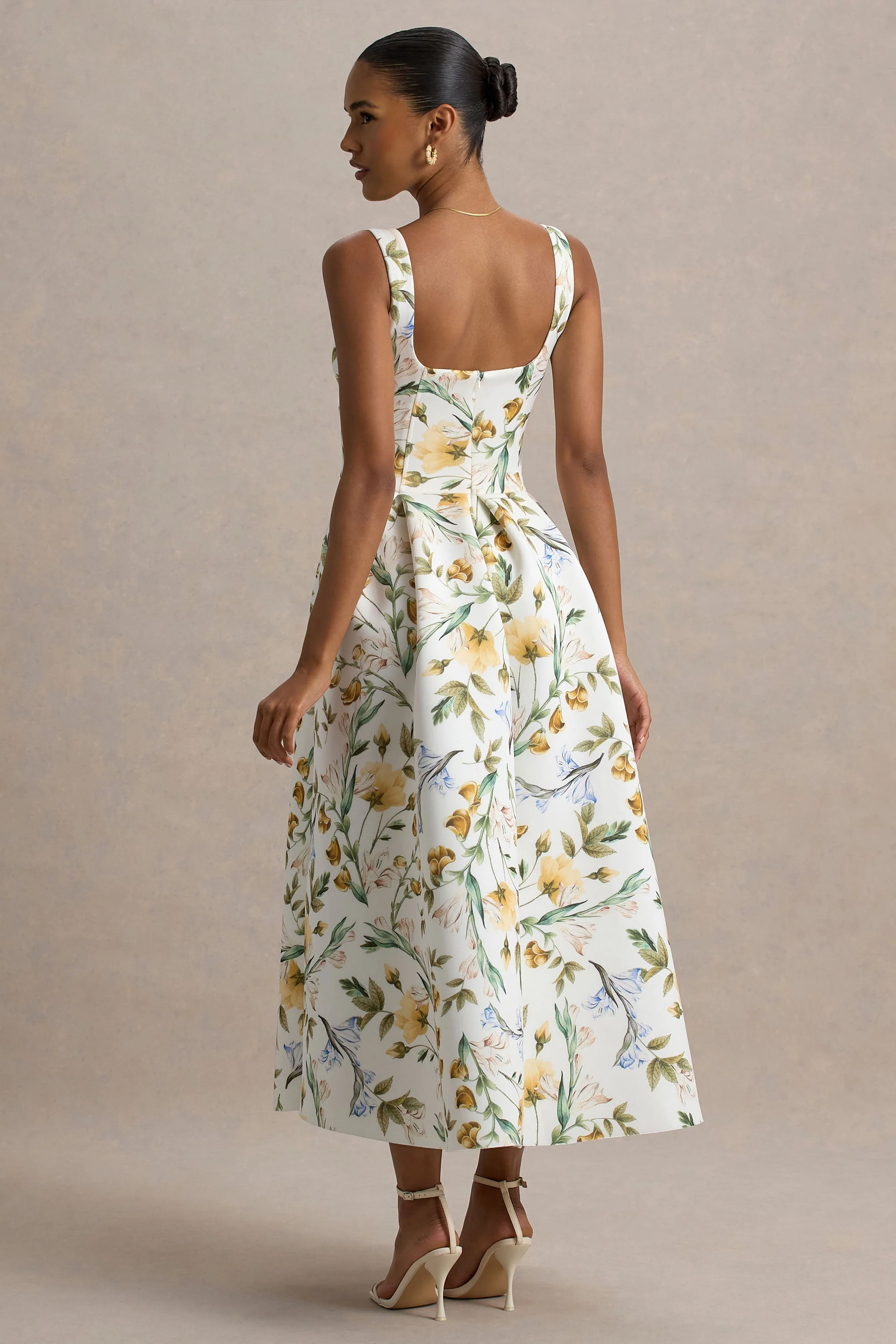 Rosemary | Floral Print Sweetheart Midi Dress With Drop Waist - Image 2