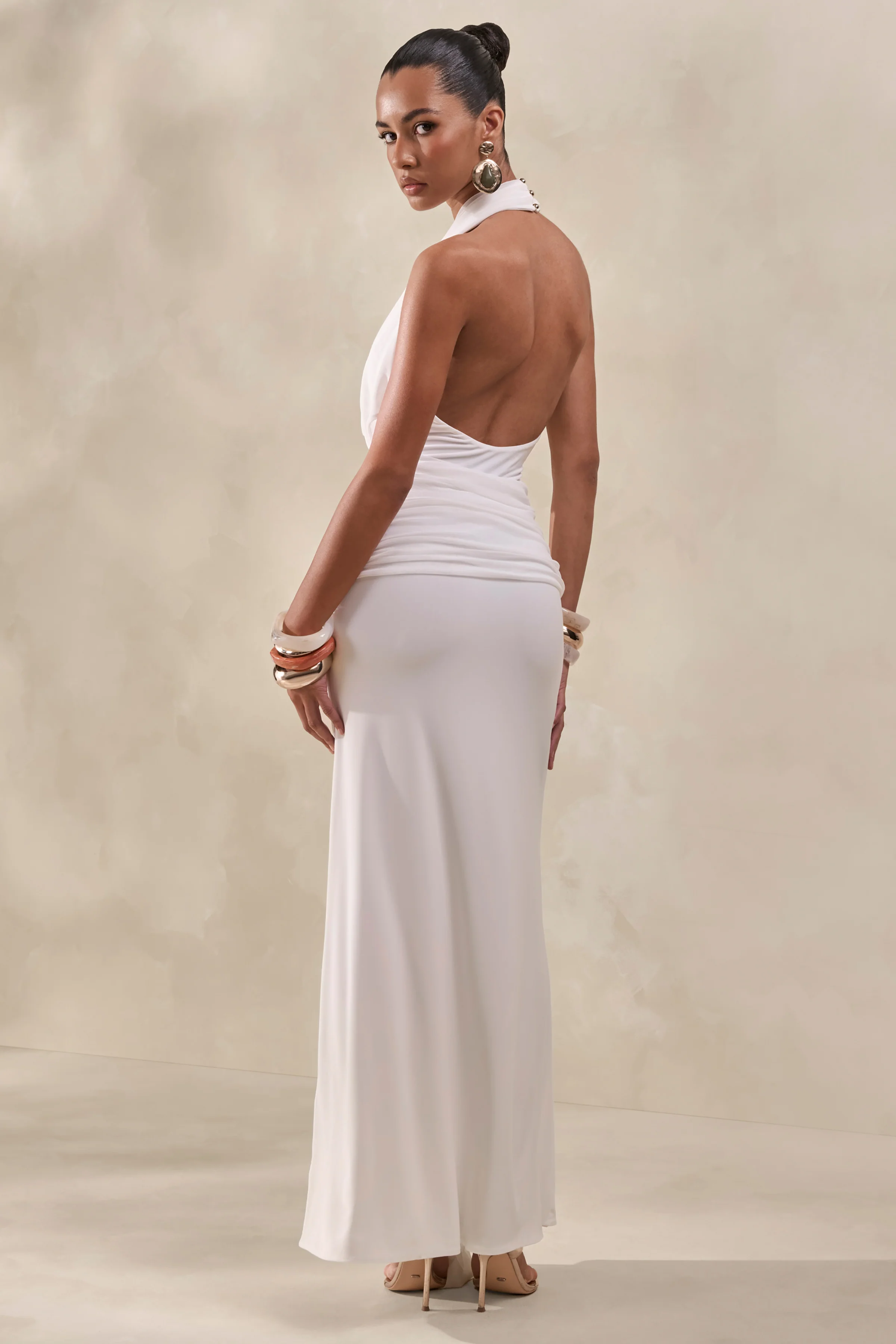 Rosetide | White Cowl-Neck Maxi Dress With Gathered-Detailing And Sash - Image 2