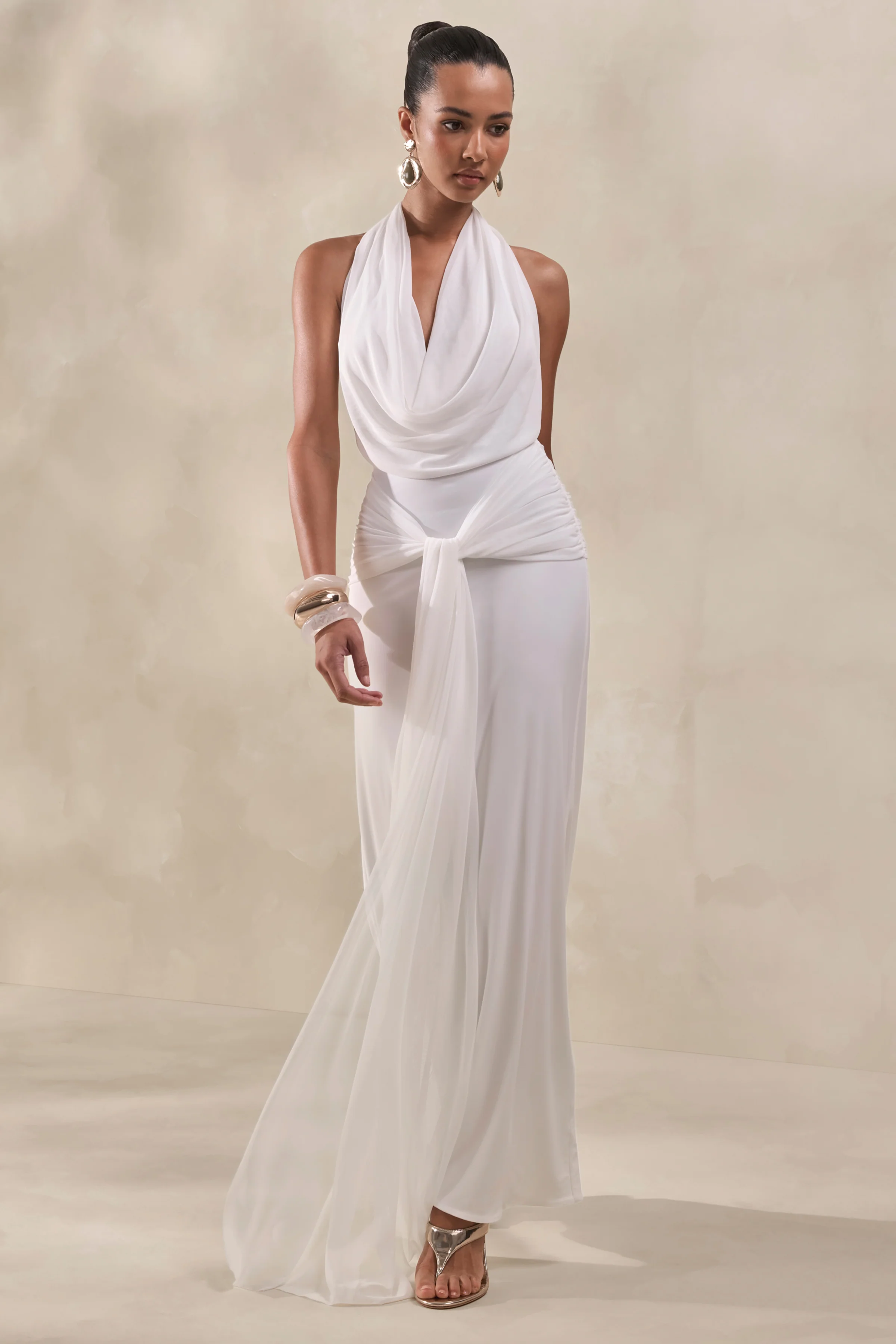 Rosetide | White Cowl-Neck Maxi Dress With Gathered-Detailing And Sash - Image 4