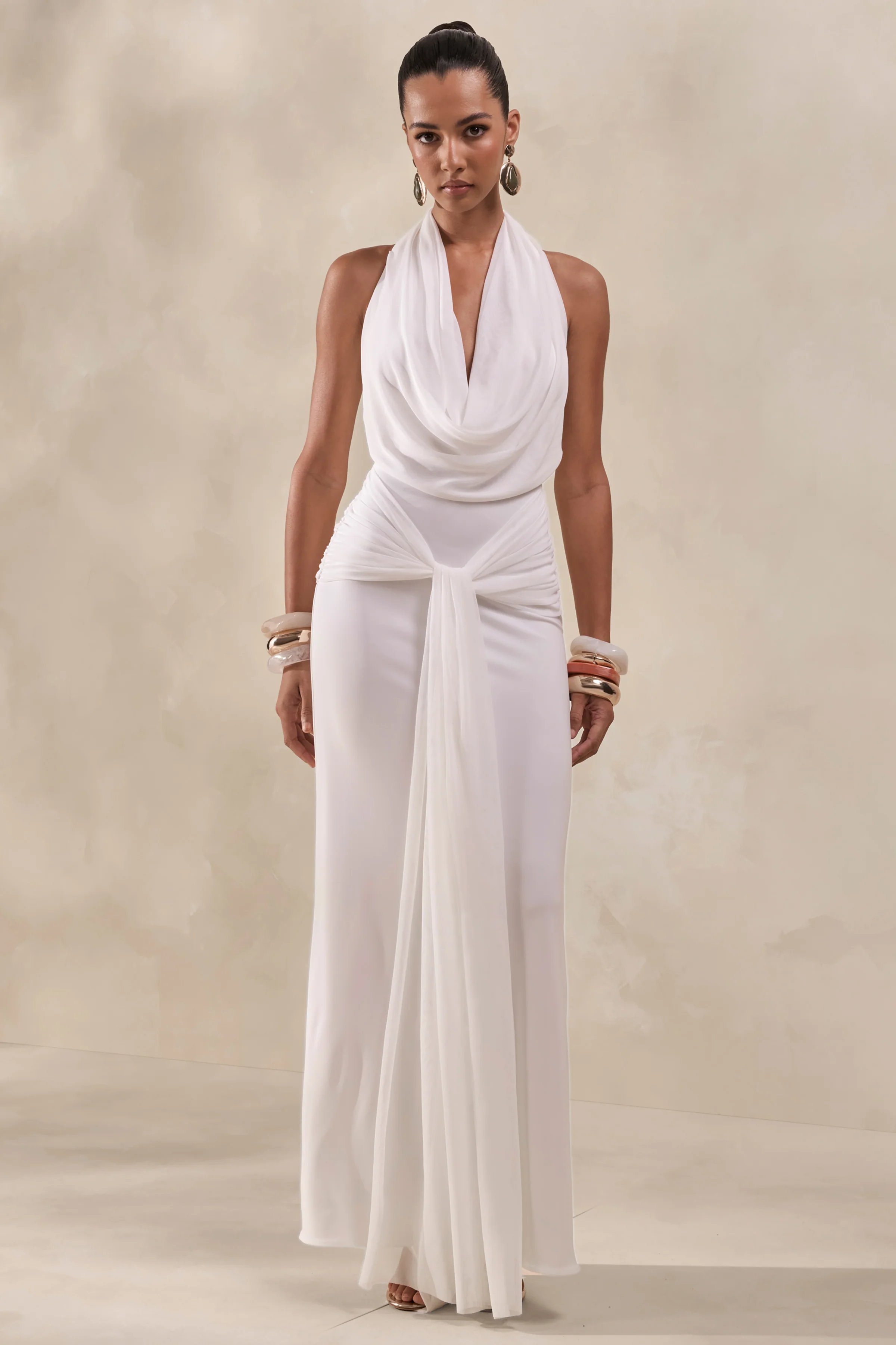 Rosetide | White Cowl-Neck Maxi Dress With Gathered-Detailing And Sash - Image 5