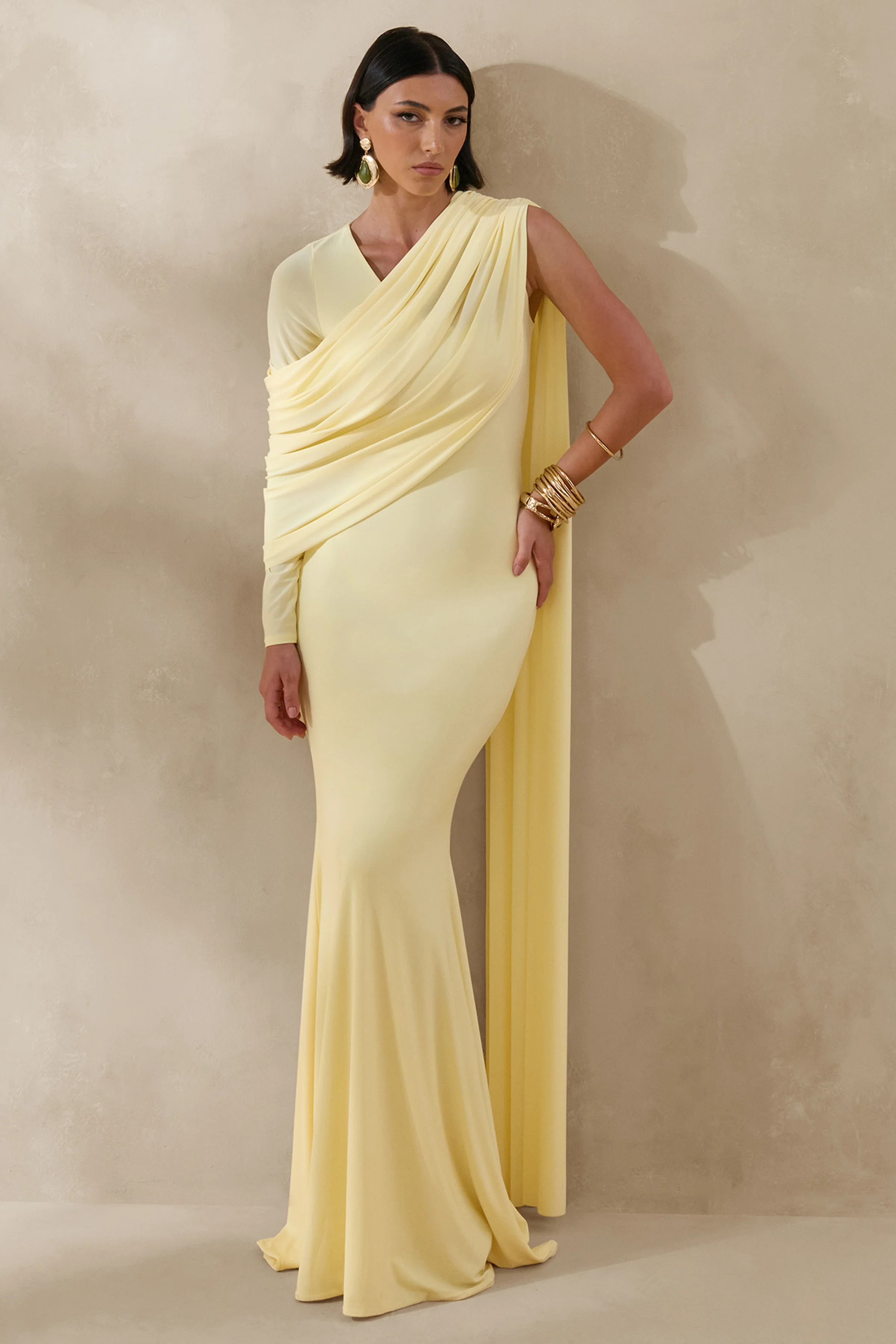 Rubelle | Lemon Asymmetric-Neck Maxi Dress With Draped-Detailing - Image 4