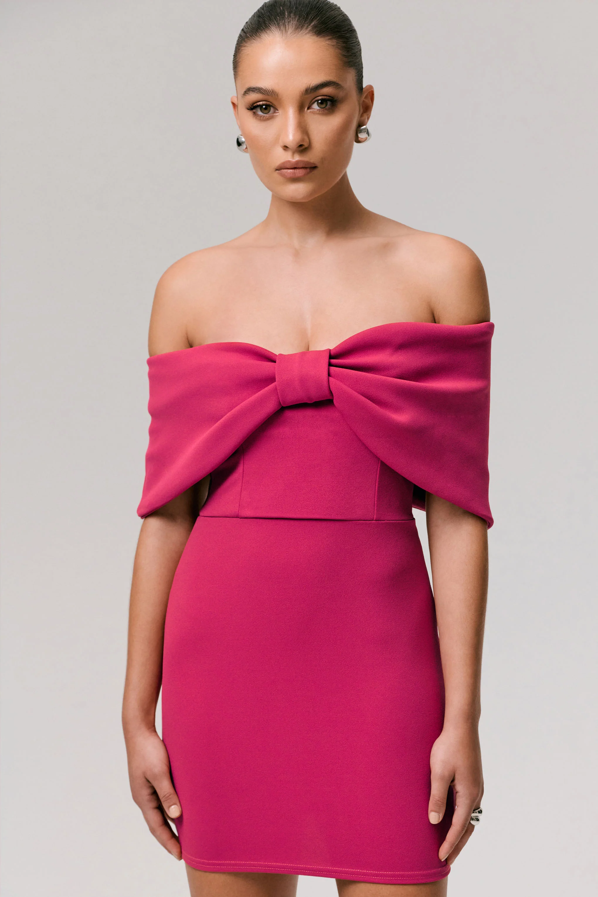 Sadie | Hot Pink Bow Bardot Mini Dress - Image 5
