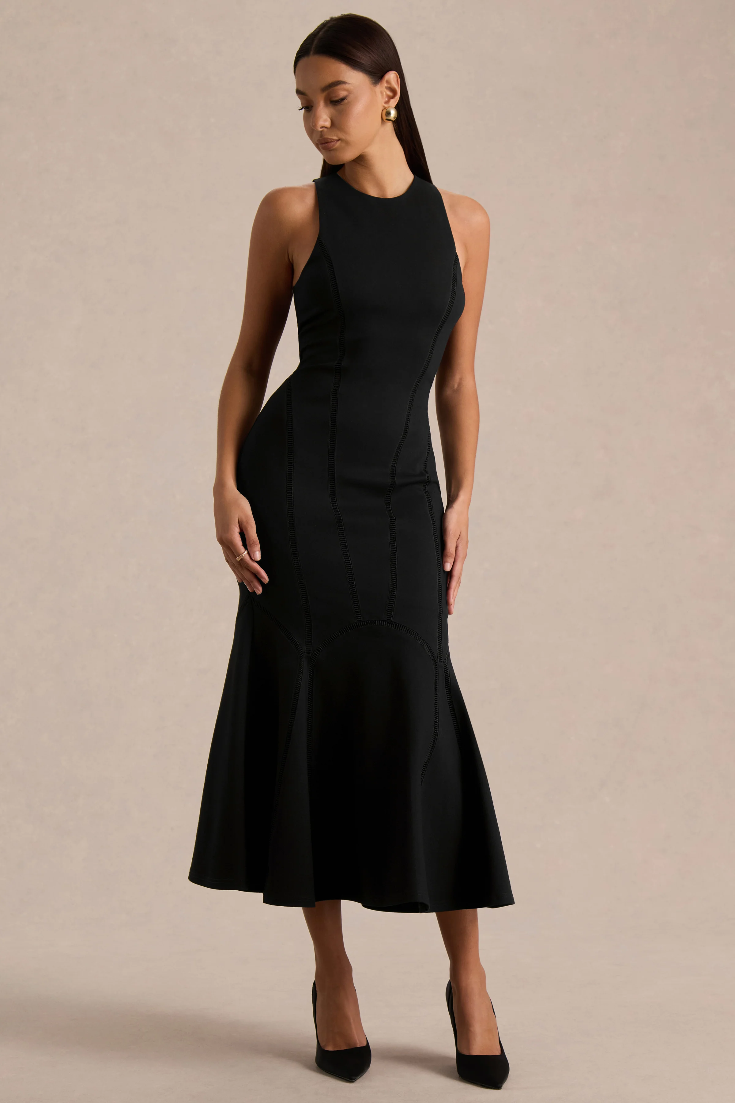 Sally | Black Crew-Neck Midi Dress With Drop Waist - Image 5