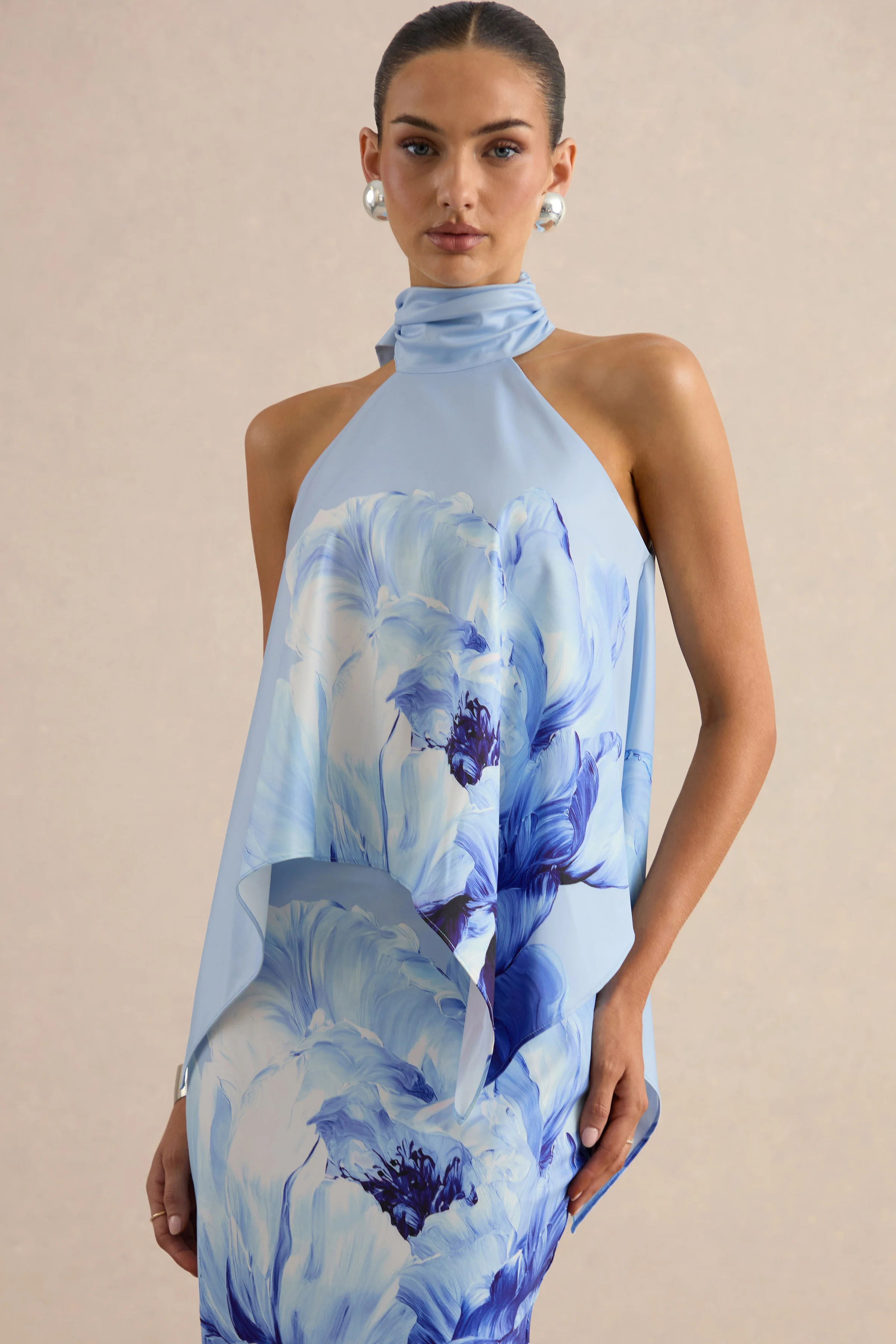 Sancelle | Blue Border Floral Print Matte Satin Halter-Neck Top