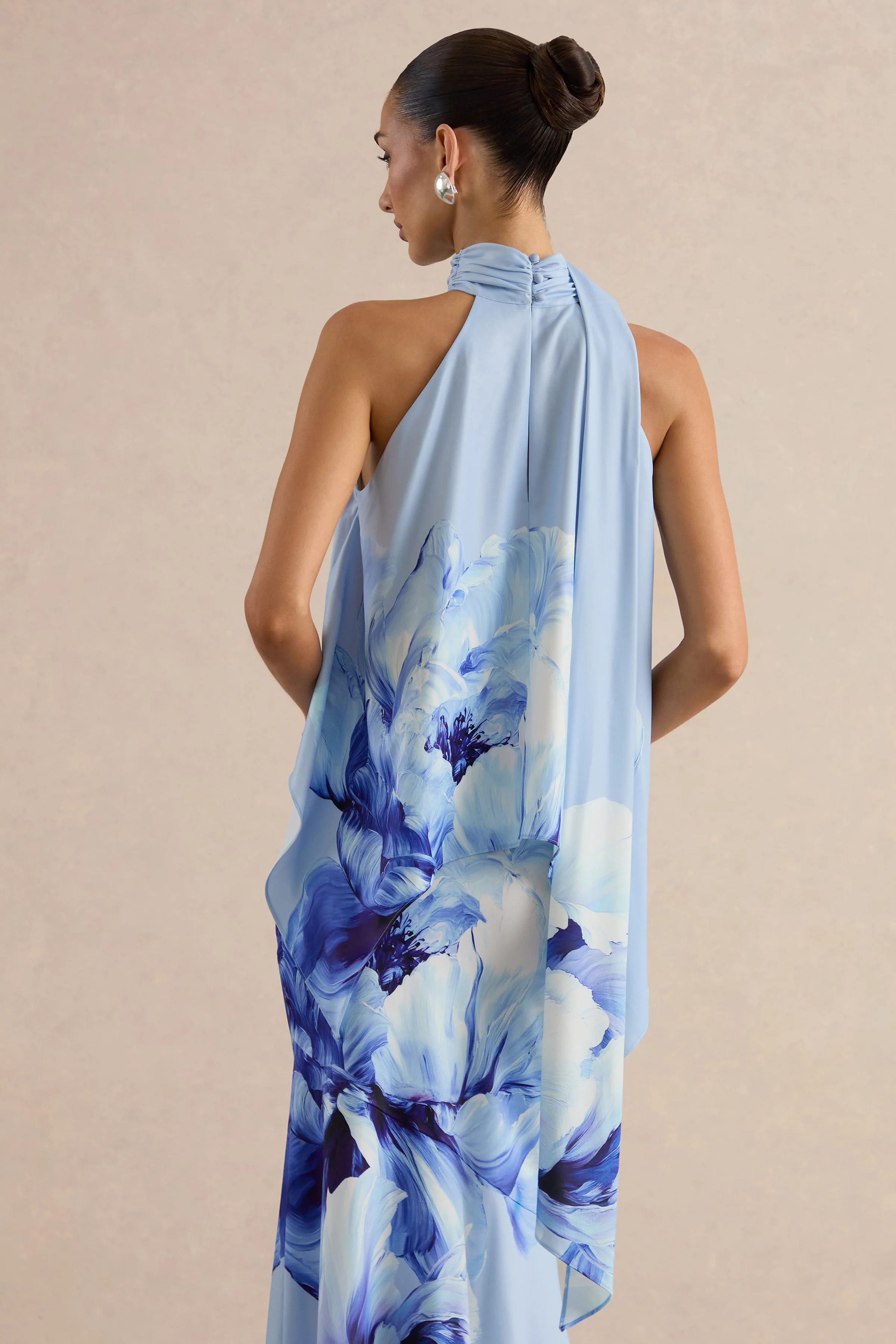Sancelle | Blue Border Floral Print Matte Satin Halter-Neck Top - Image 2