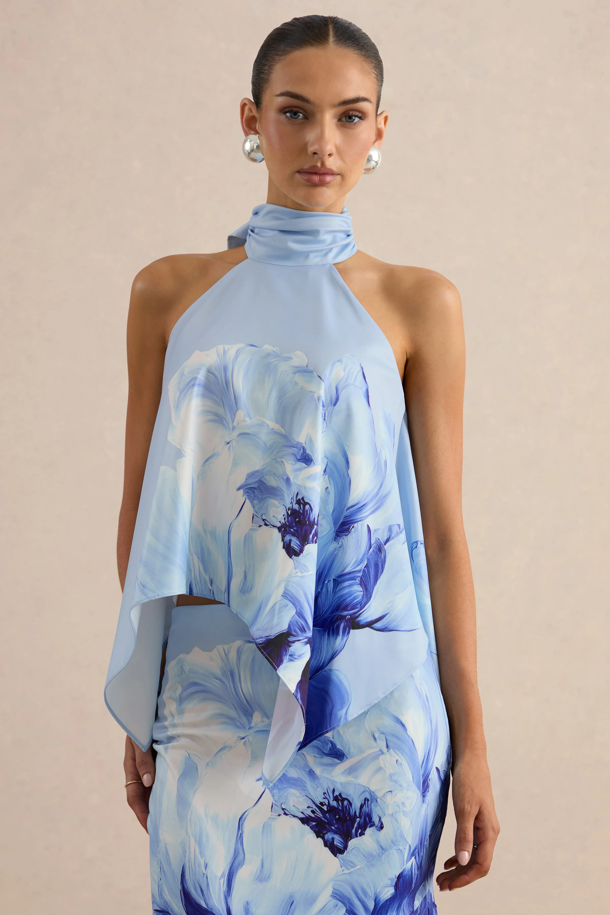 Sancelle | Blue Border Floral Print Matte Satin Halter-Neck Top - Image 3