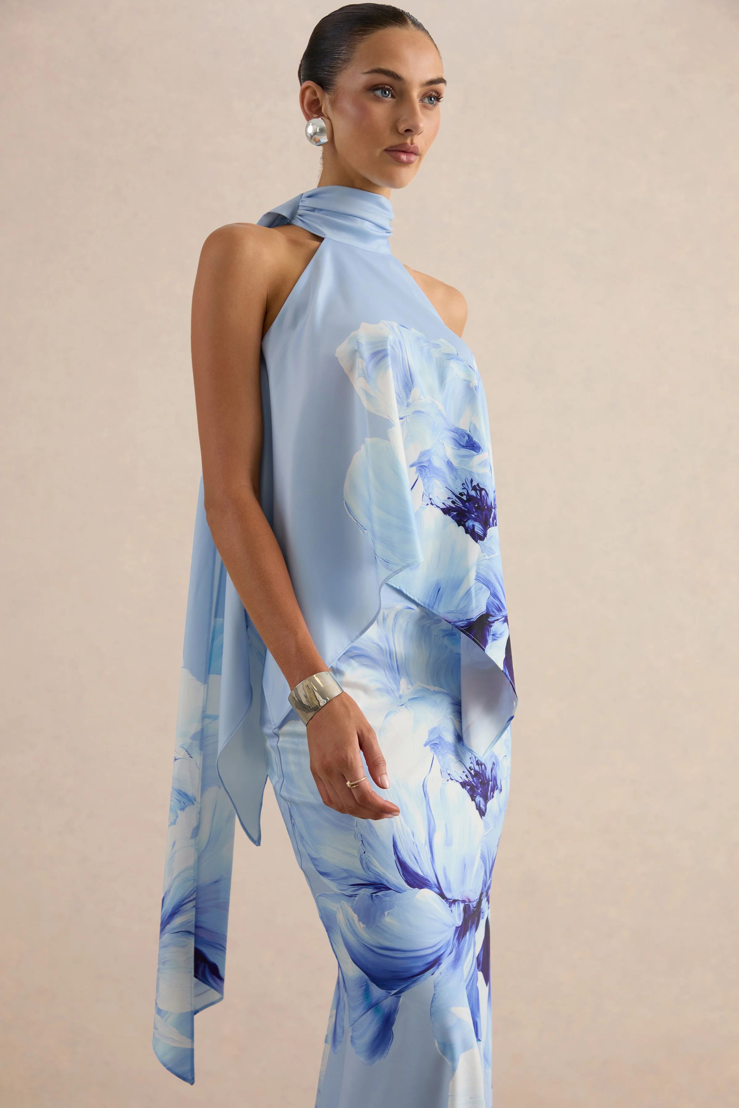 Sancelle | Blue Border Floral Print Matte Satin Halter-Neck Top - Image 4