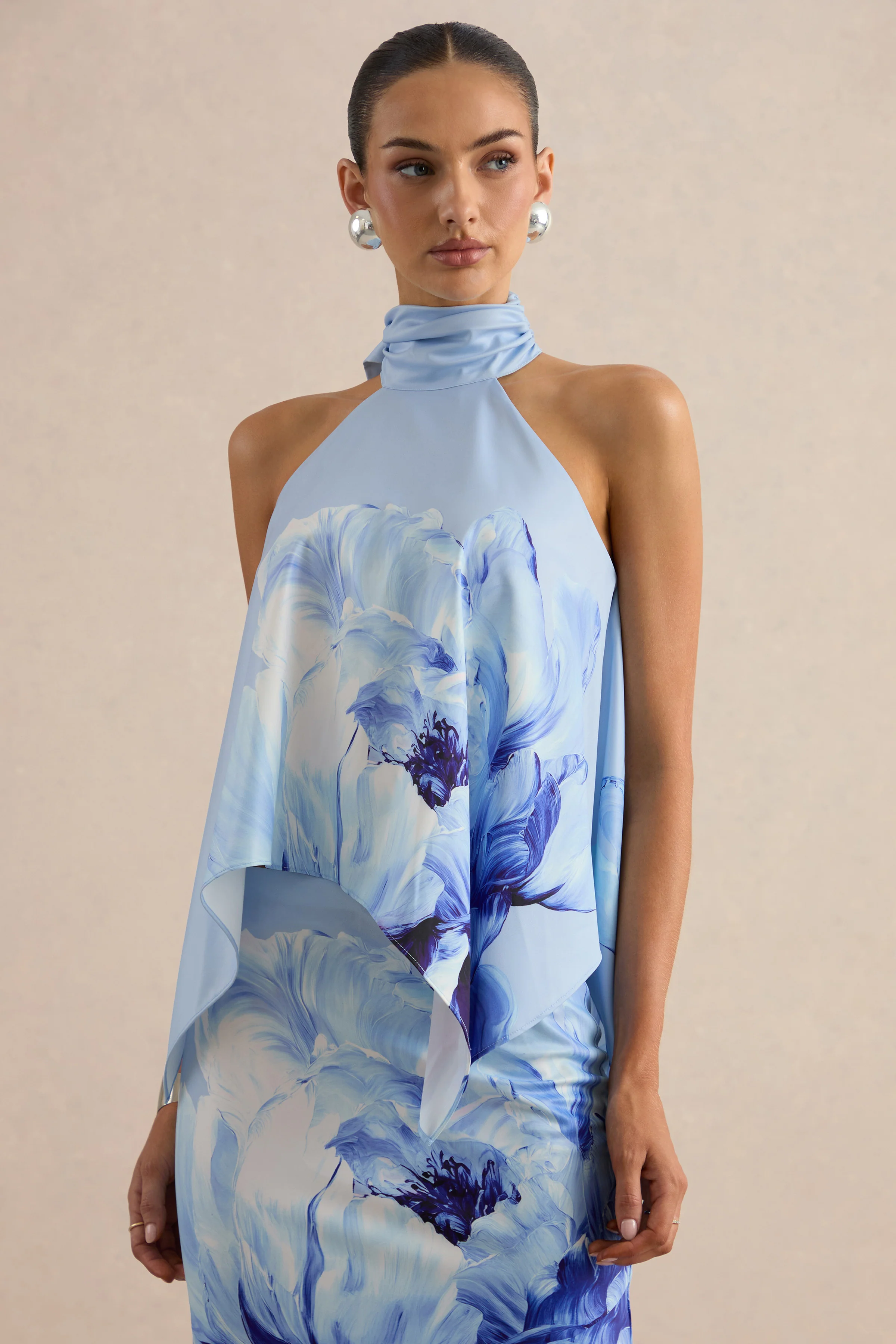 Sancelle | Blue Border Floral Print Matte Satin Halter-Neck Top - Image 5