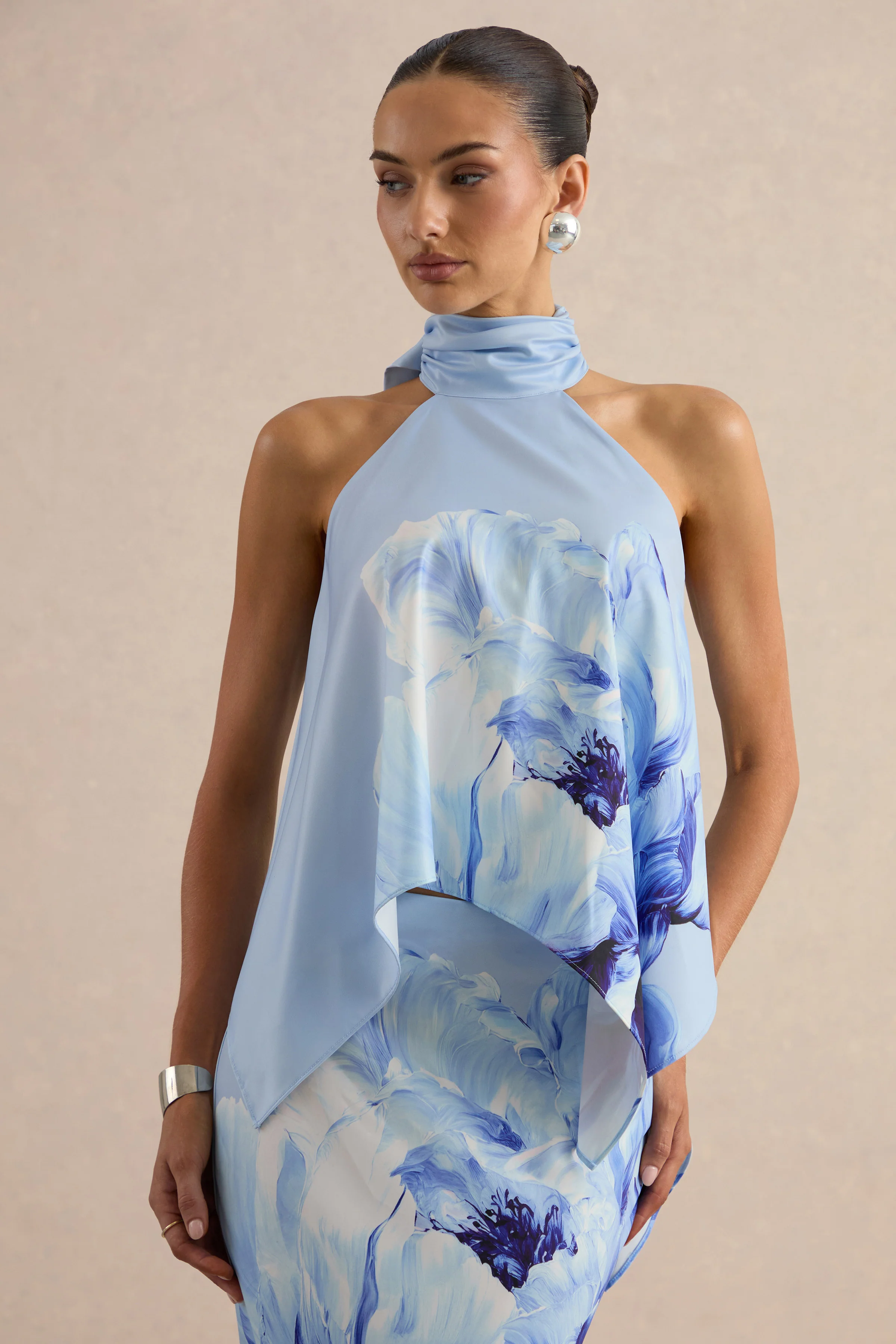 Sancelle | Blue Border Floral Print Matte Satin Halter-Neck Top - Image 6