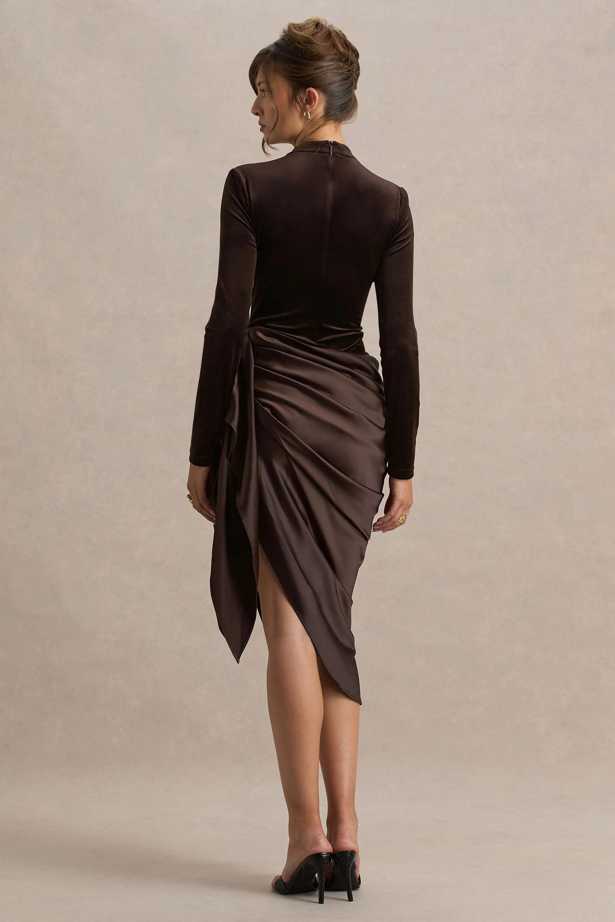 Sasha | Brown Satin And Velvet Midi Dress With Wrap-Detail - Image 2