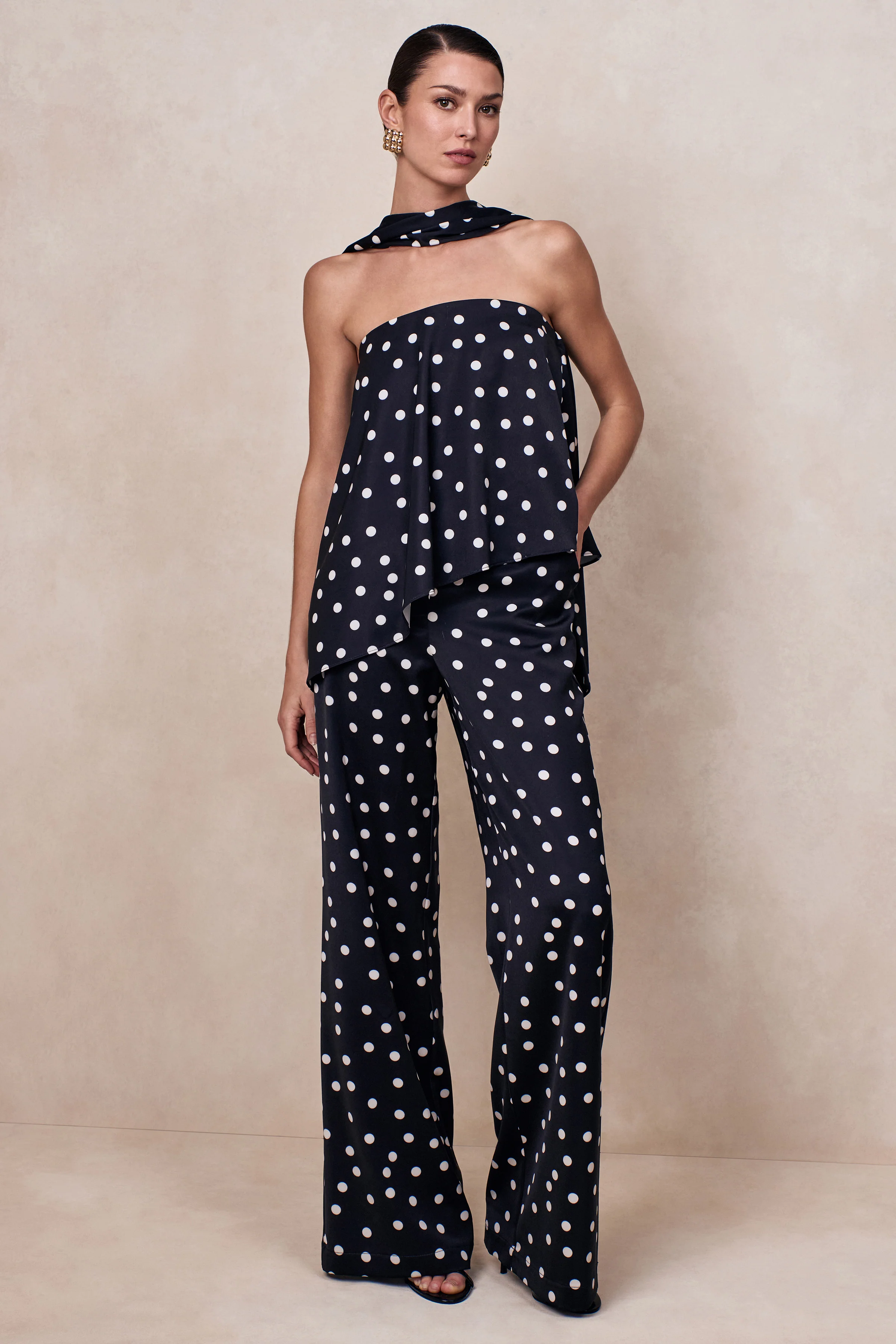 Seloria | Black & White Satin Polka Dot Wide-Leg Trouser