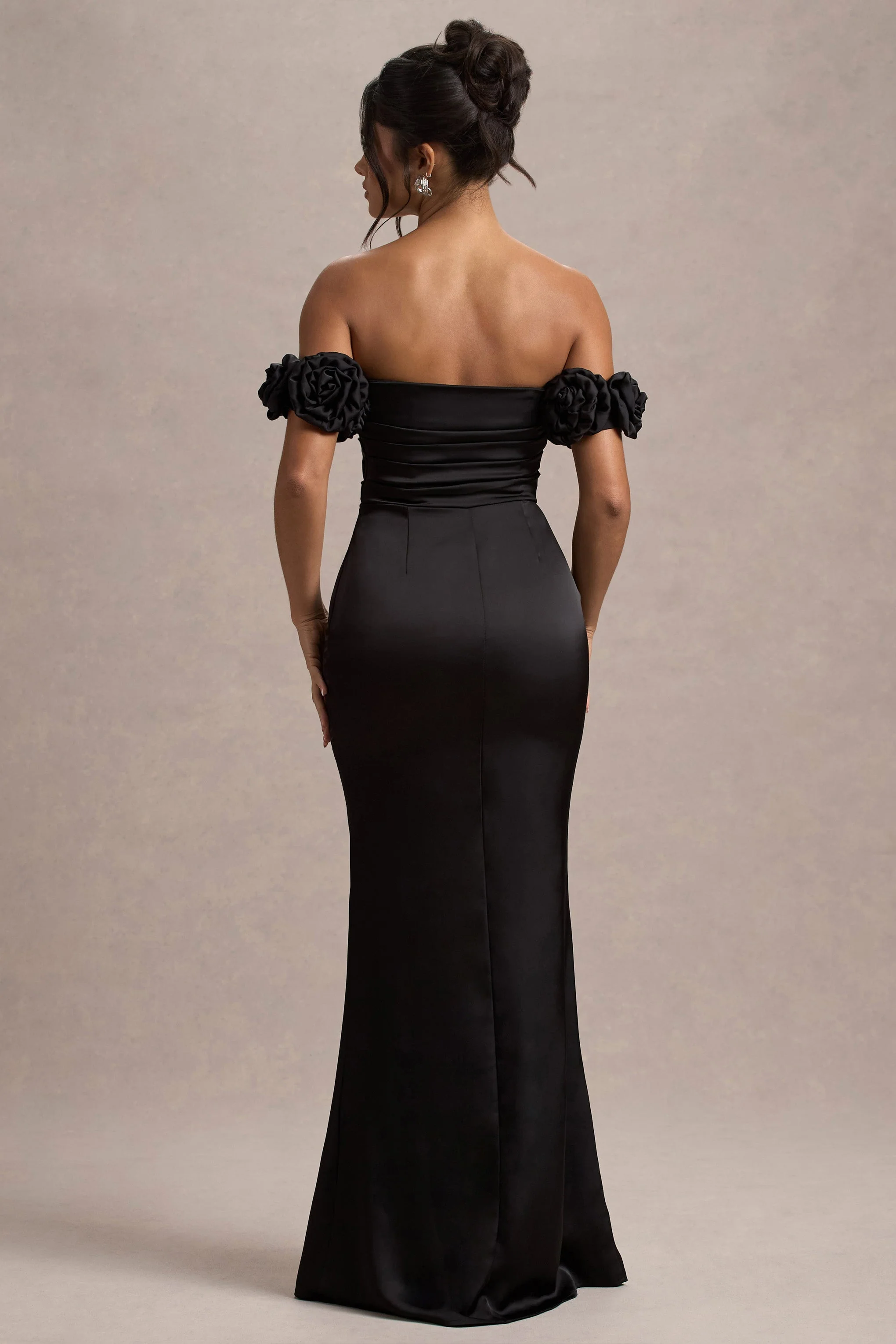 Senseless | Black Satin Floral Bardot Maxi Dress - Image 2