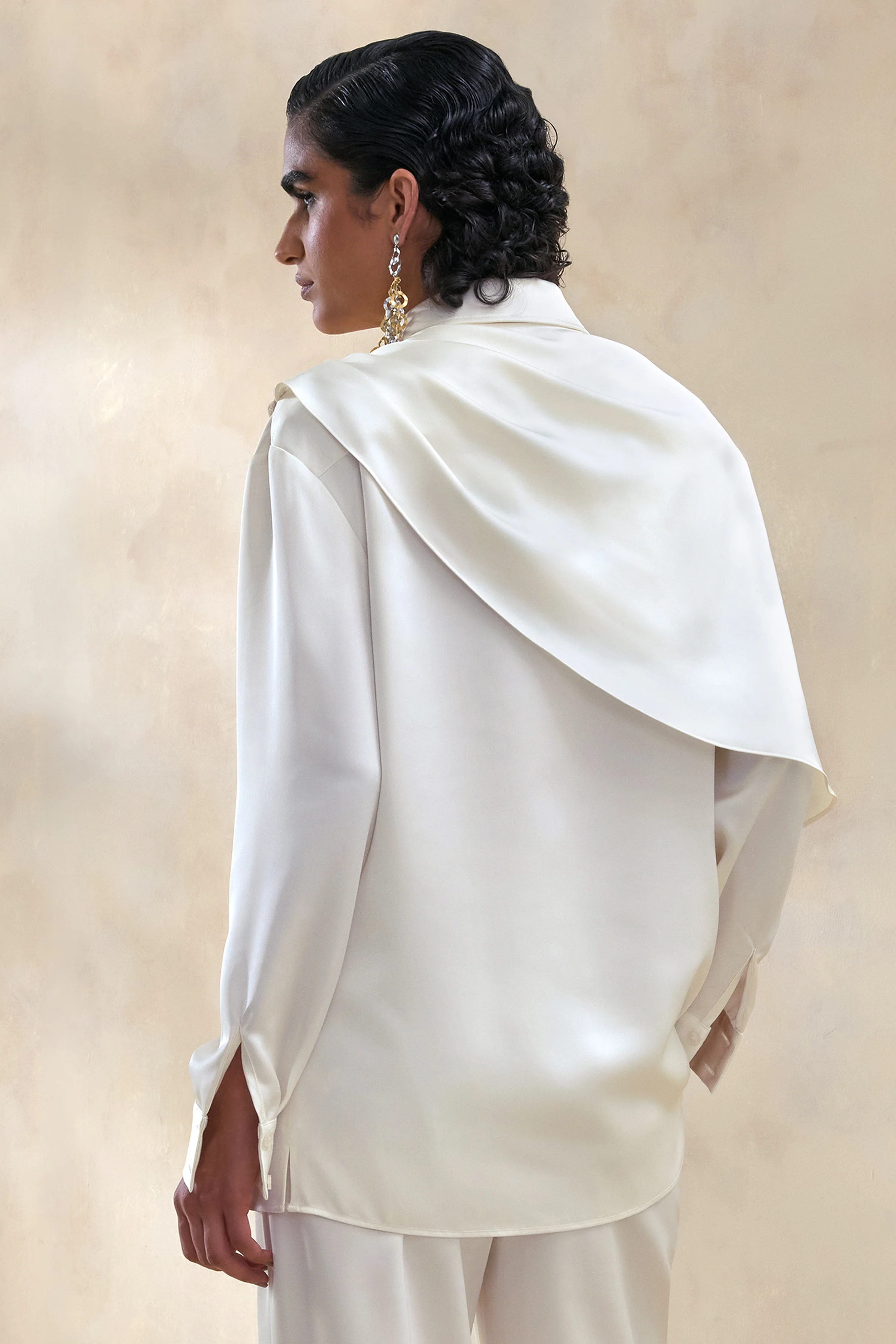 Serenza | Cream Satin Collared-Shirt With Cape-Detail - Image 3