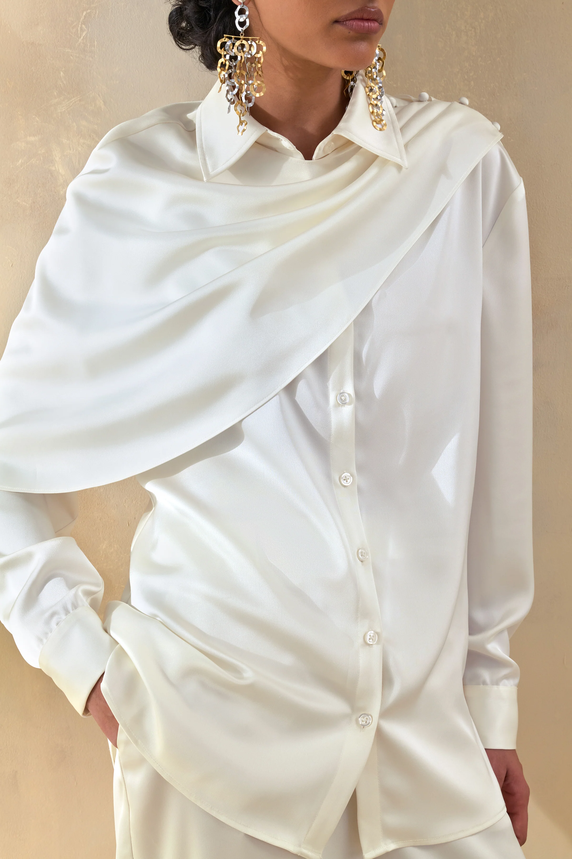 Serenza | Cream Satin Collared-Shirt With Cape-Detail - Image 6