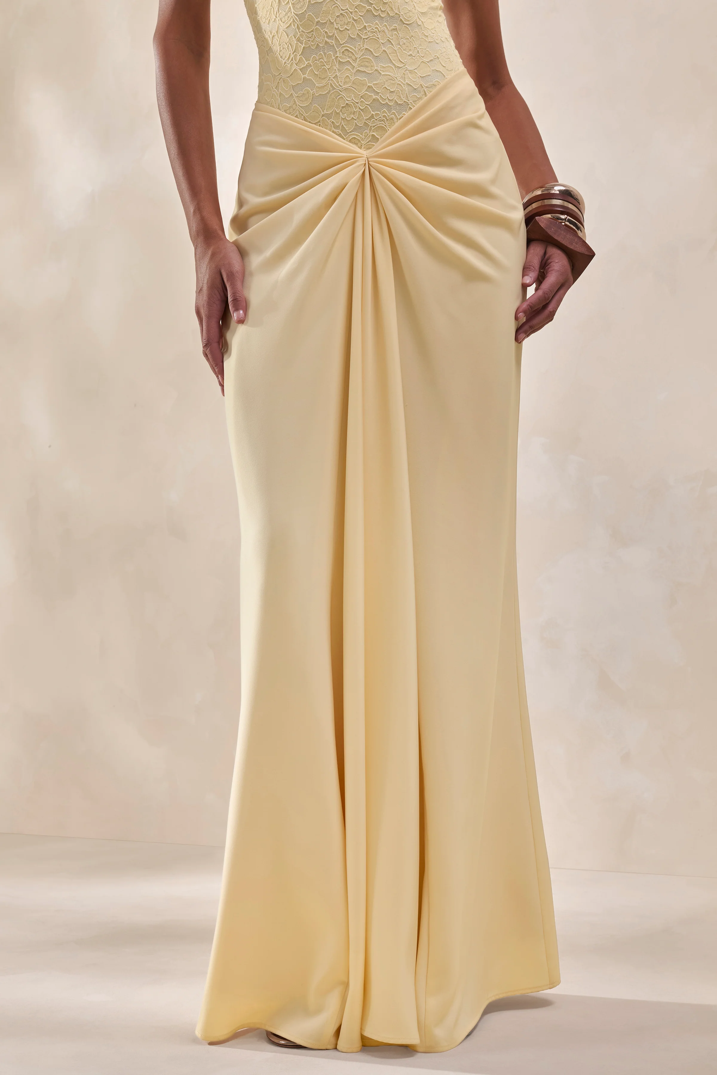 Setaria | Lemon Satin Maxi-Skirt With Gathered-Detailing And Sash - Image 3