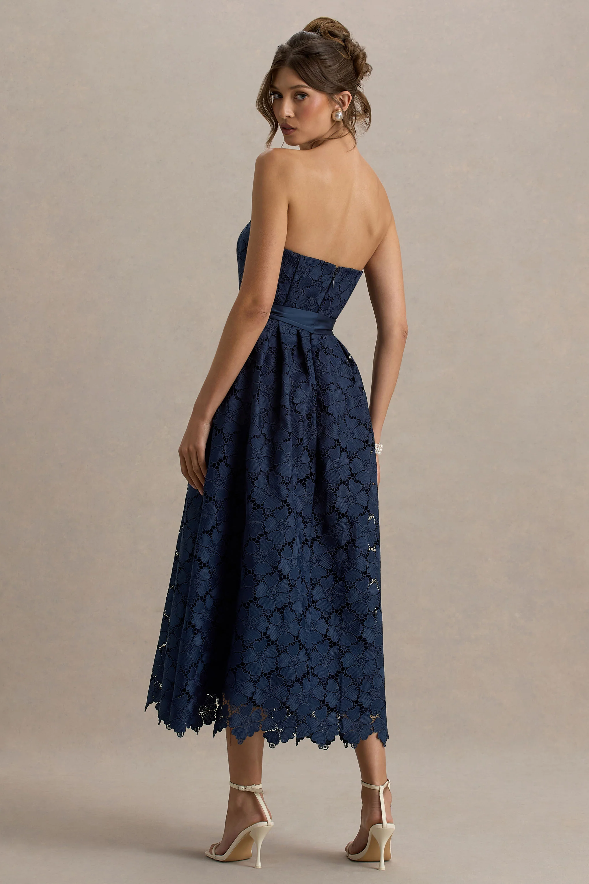 Shania | Navy Lace Bandeau Skater Midi Dress - Image 2
