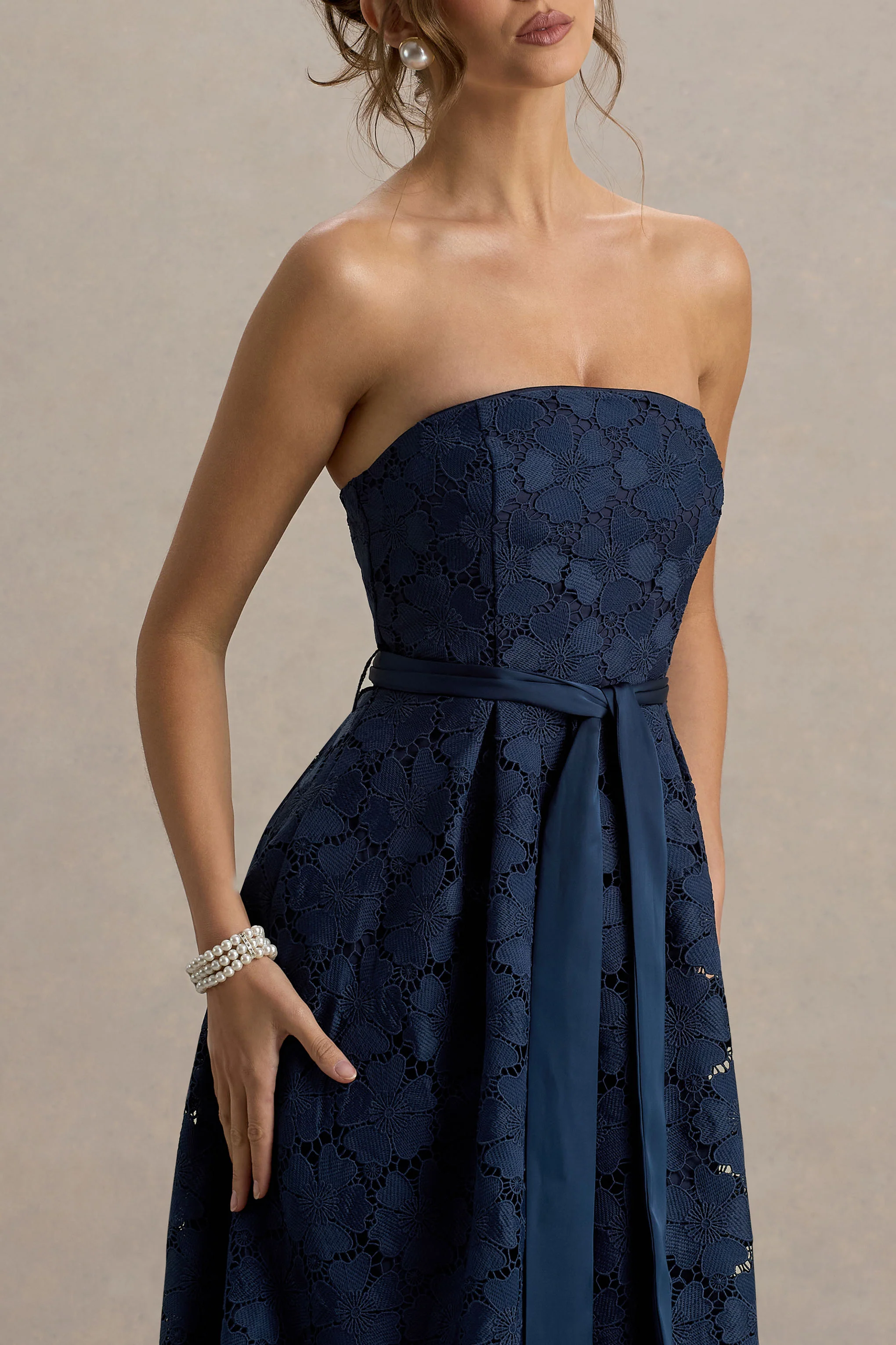 Shania | Navy Lace Bandeau Skater Midi Dress - Image 3