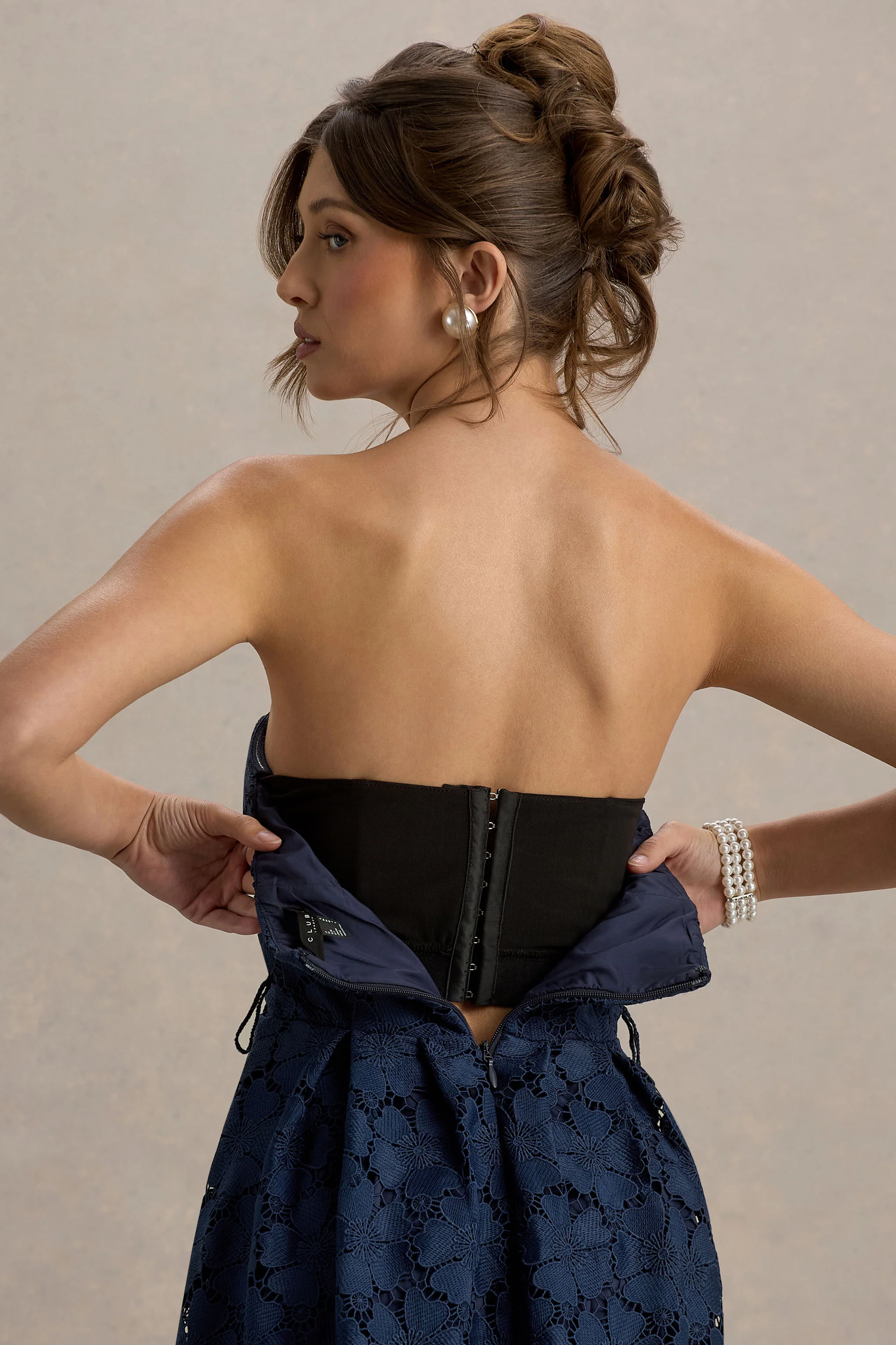 Shania | Navy Lace Bandeau Skater Midi Dress - Image 4
