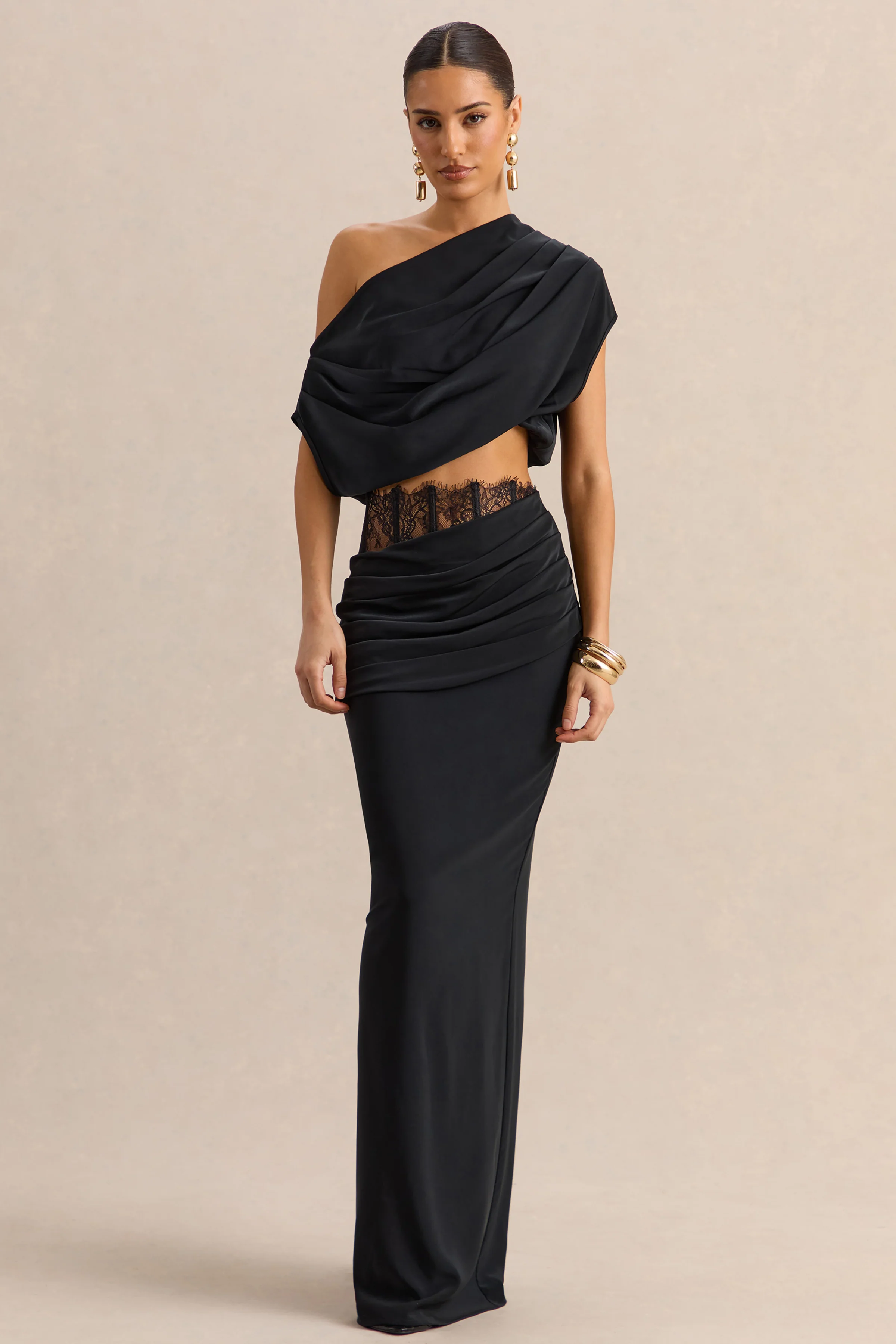 Silora | Black Satin Maxi Skirt With Lace-Detail - Image 2