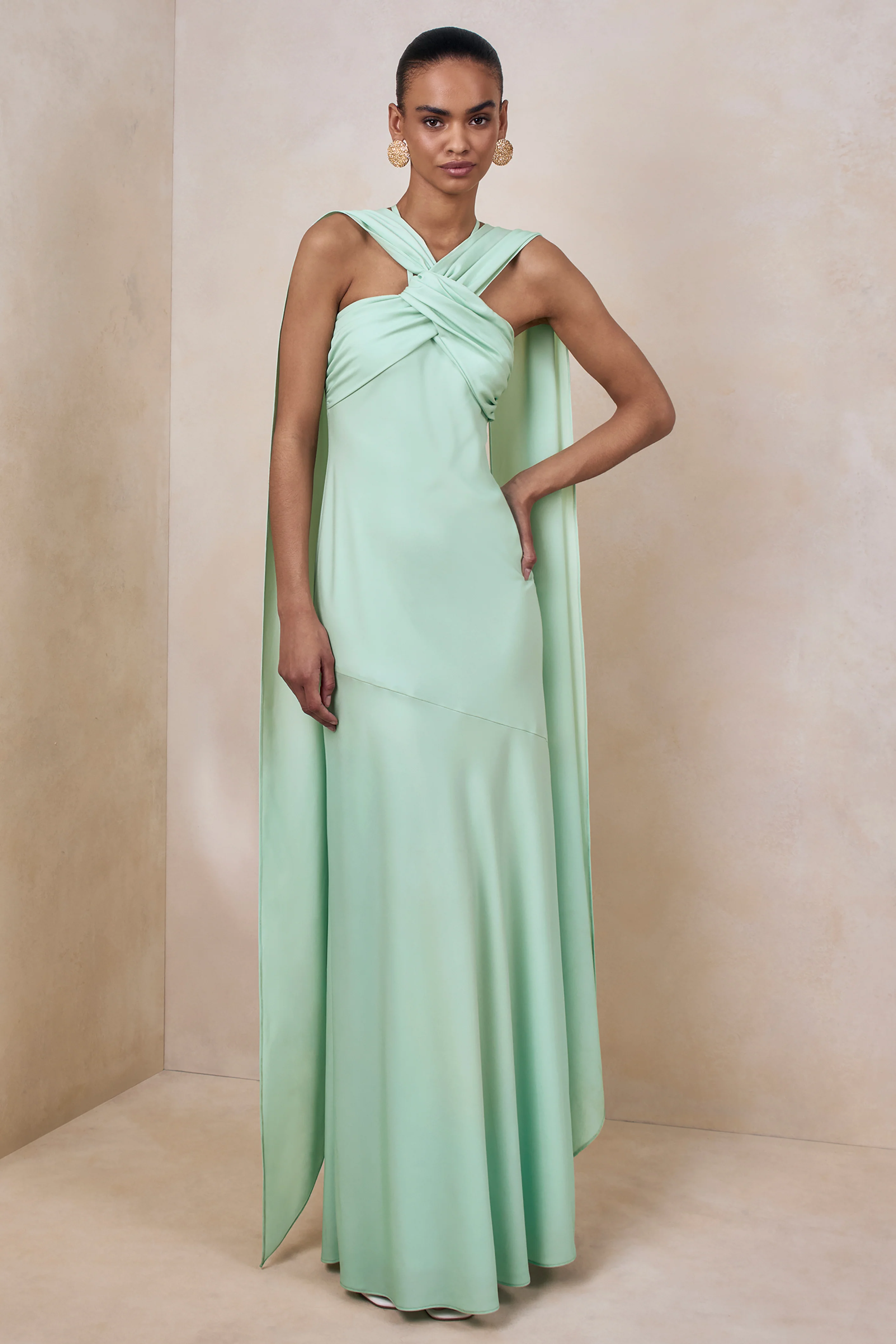 Sloane | Mint Matte Satin Halter-Neck Maxi Dress With Cape - Image 4