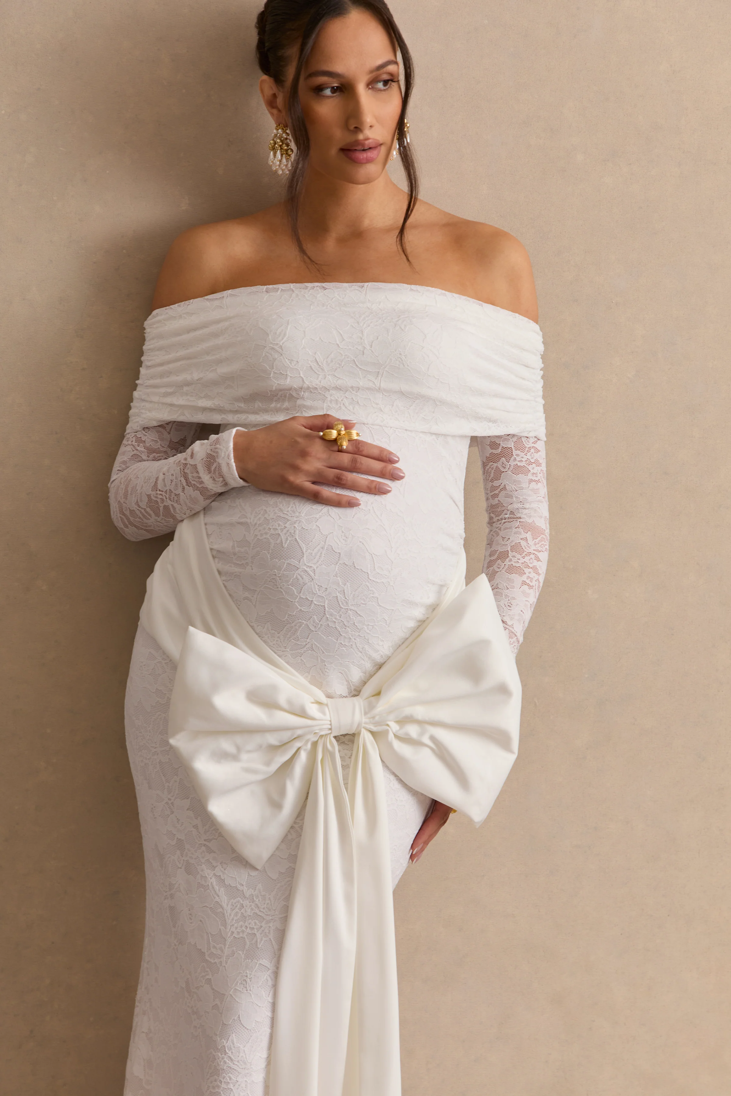 Solina | White Lace Bardot-Neck Maternity Maxi Dress With Bow Detail - Image 3