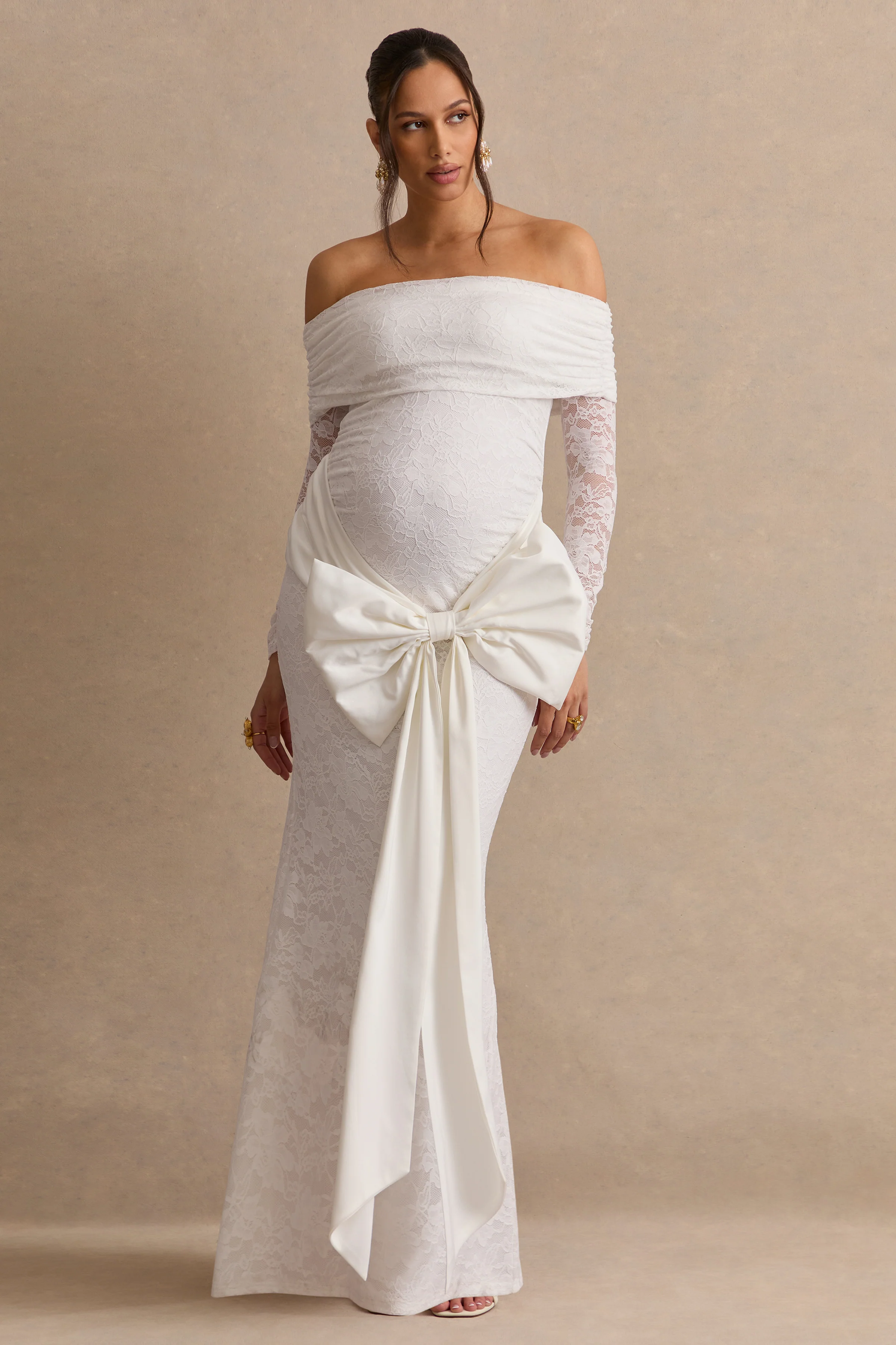 Solina | White Lace Bardot-Neck Maternity Maxi Dress With Bow Detail - Image 4