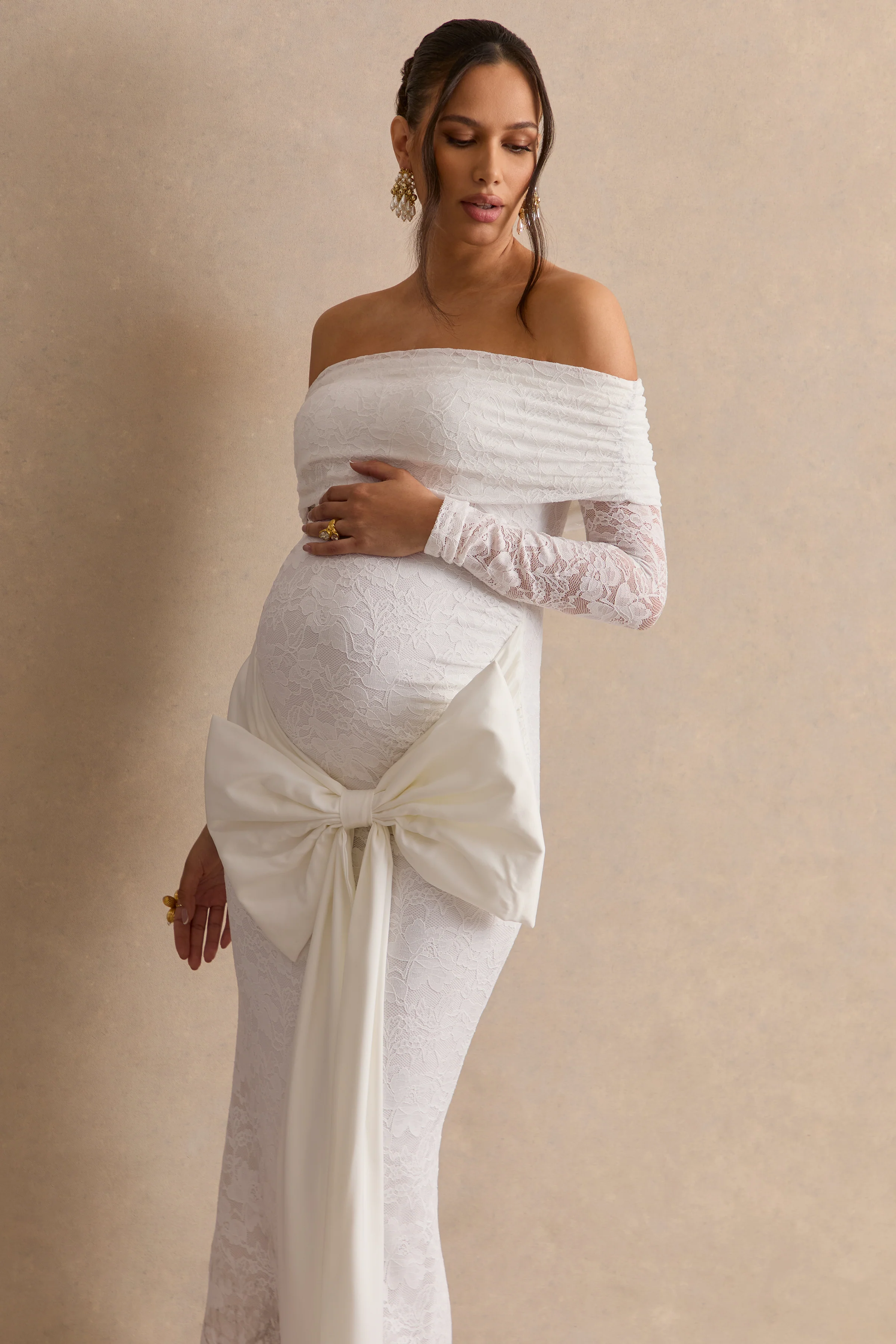 Solina | White Lace Bardot-Neck Maternity Maxi Dress With Bow Detail - Image 5