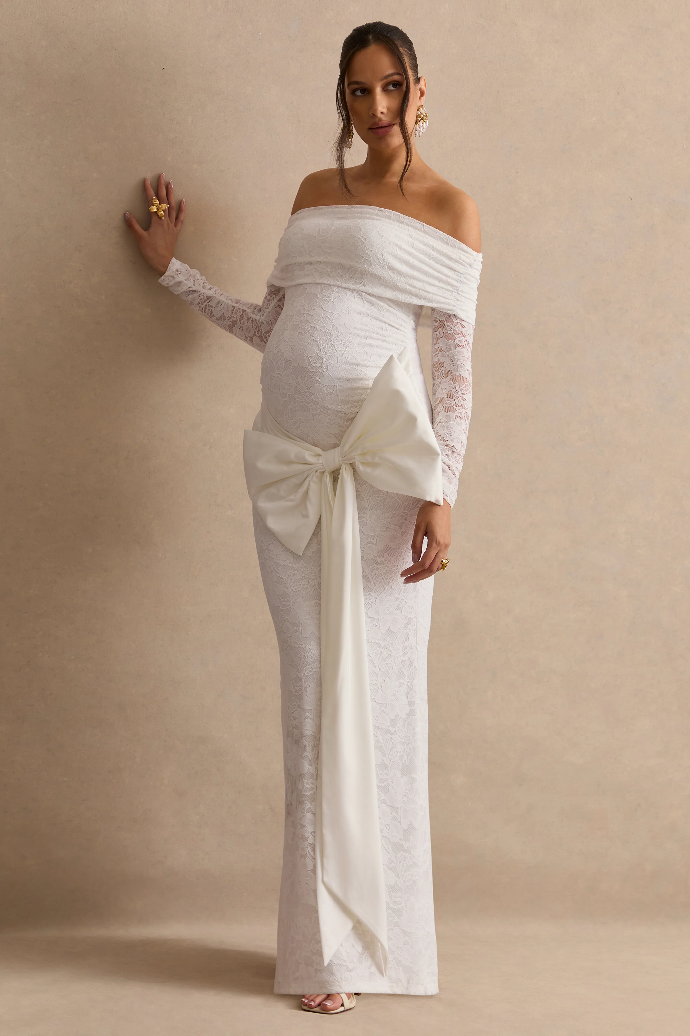 Solina | White Lace Bardot-Neck Maternity Maxi Dress With Bow Detail - Image 6