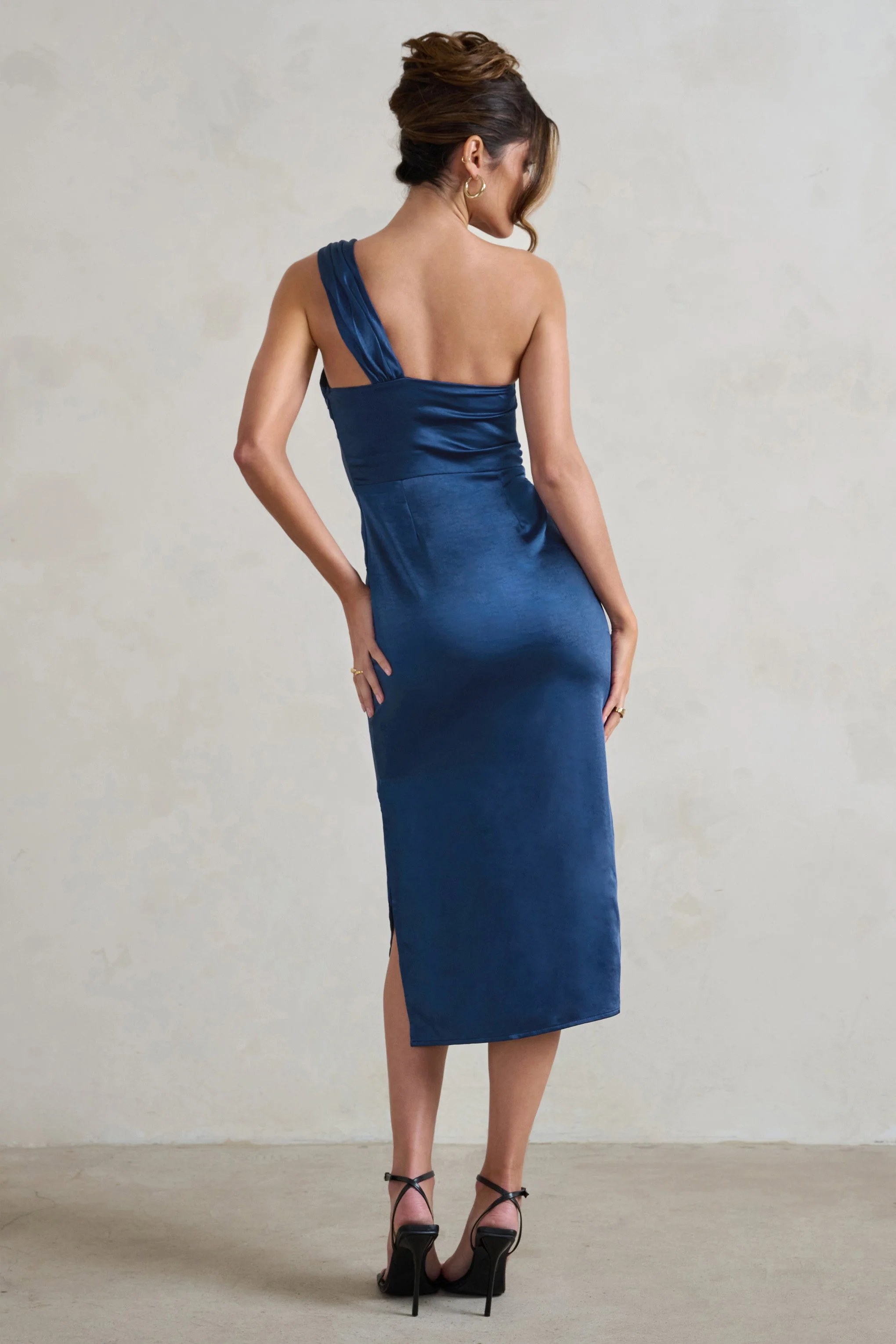 Steffie | Navy Asymmetric Satin Midi Dress - Image 2
