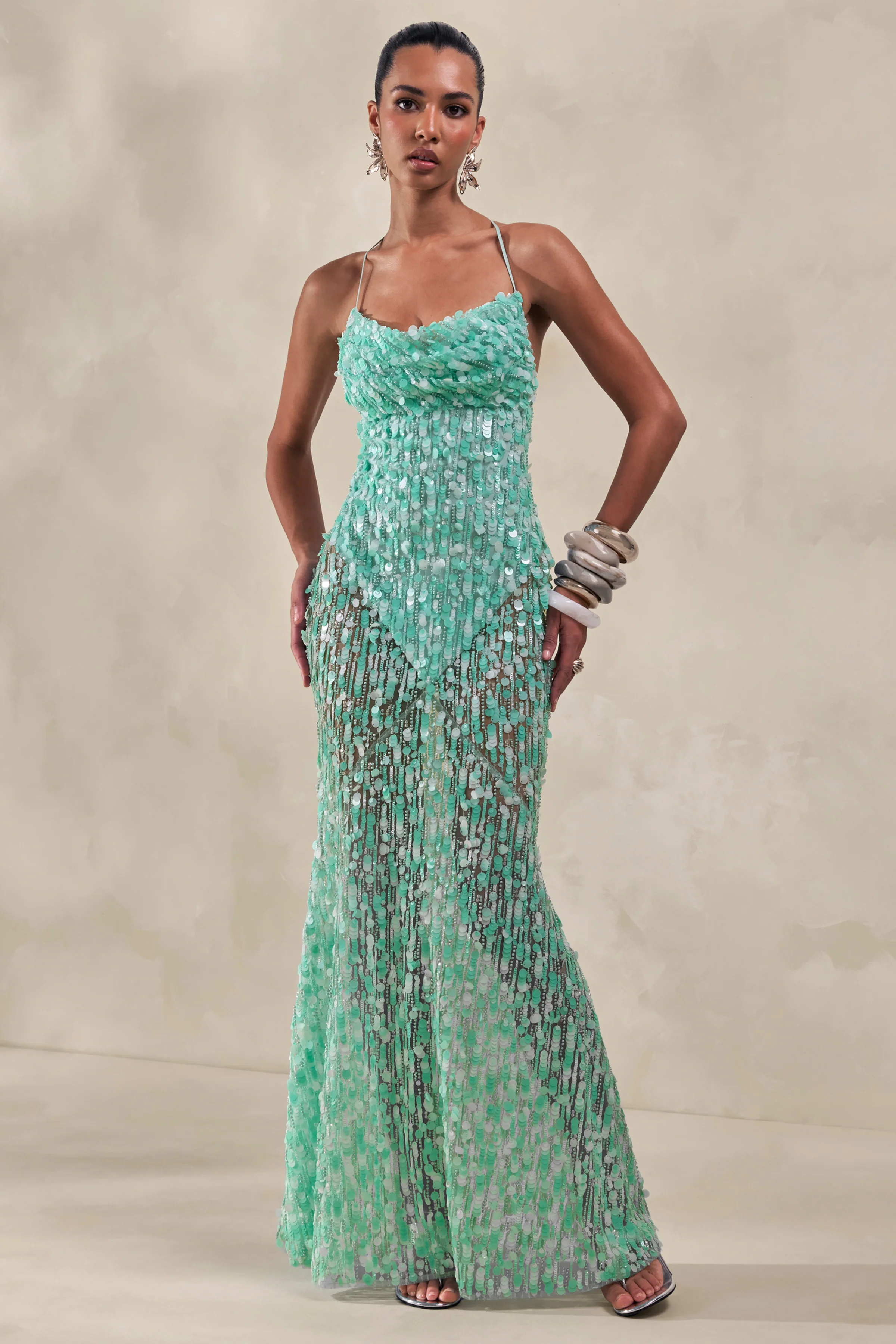 Taryn | Turquoise Sequin Cowl-Neck Maxi Dress With Sheer Skirt - Image 7